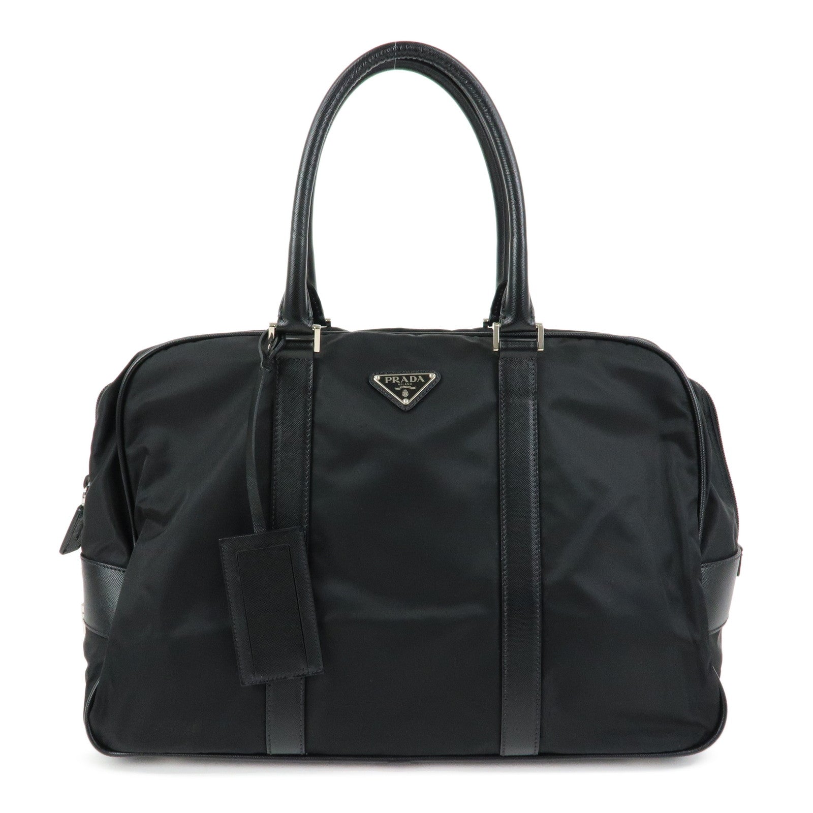 PRADA Triangle Logo Nylon Saffiano Leather Boston Bag Black VS0069