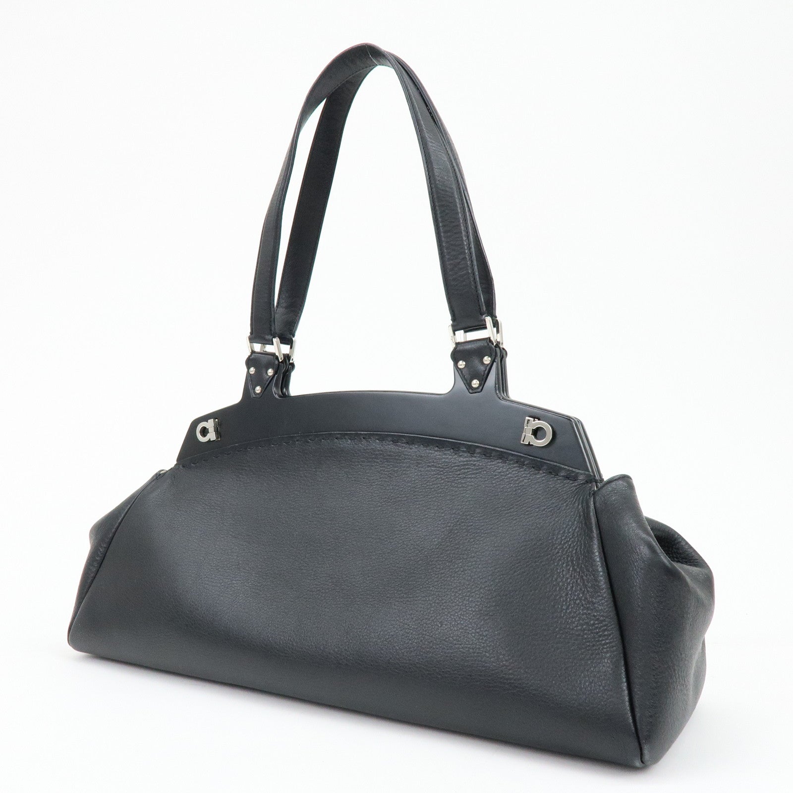 Ferragamo Gancini Leather Hand Bag Shoulder Bag Black