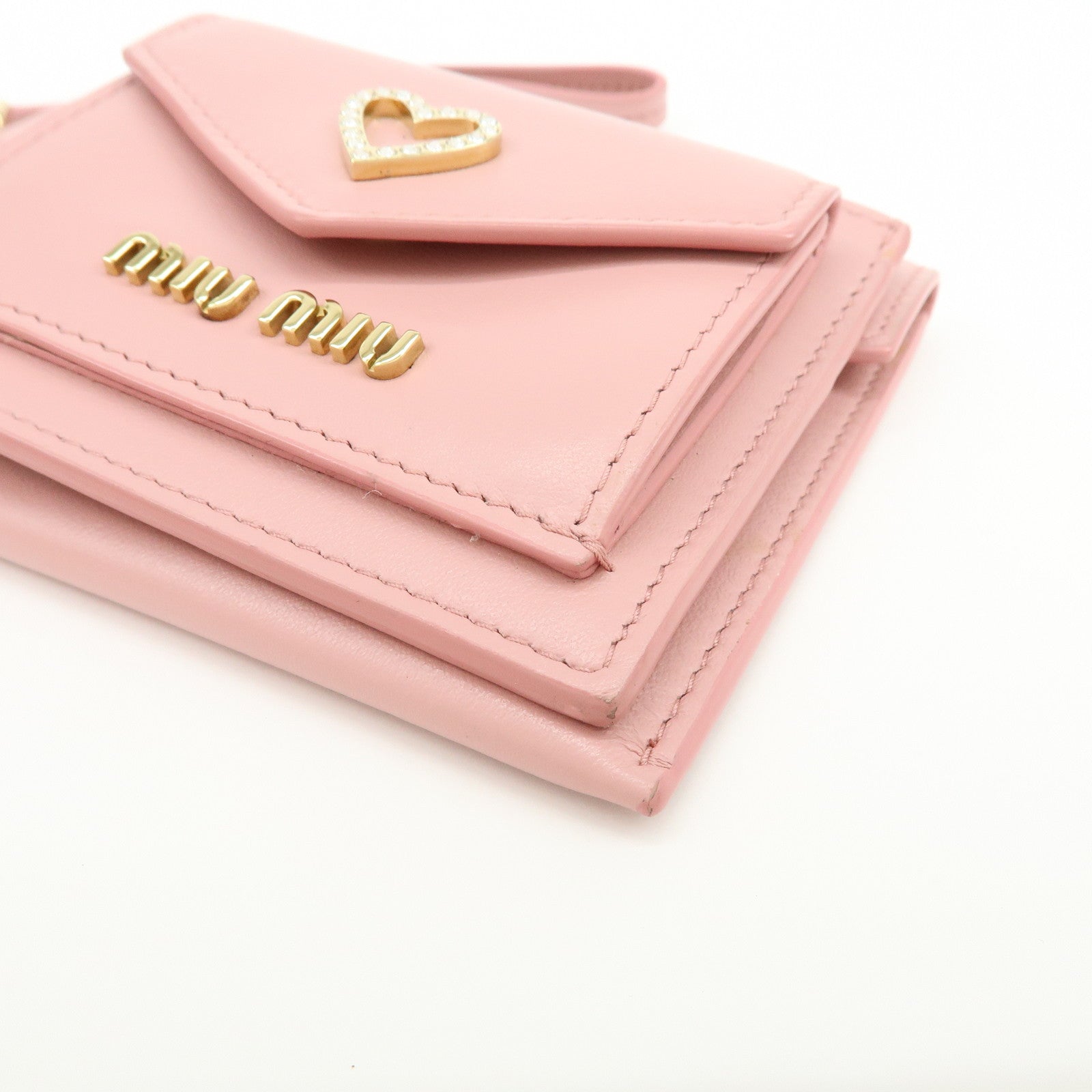 MIU MIU Madras Leather Rhinestone Card Case Heart Love letter Pink