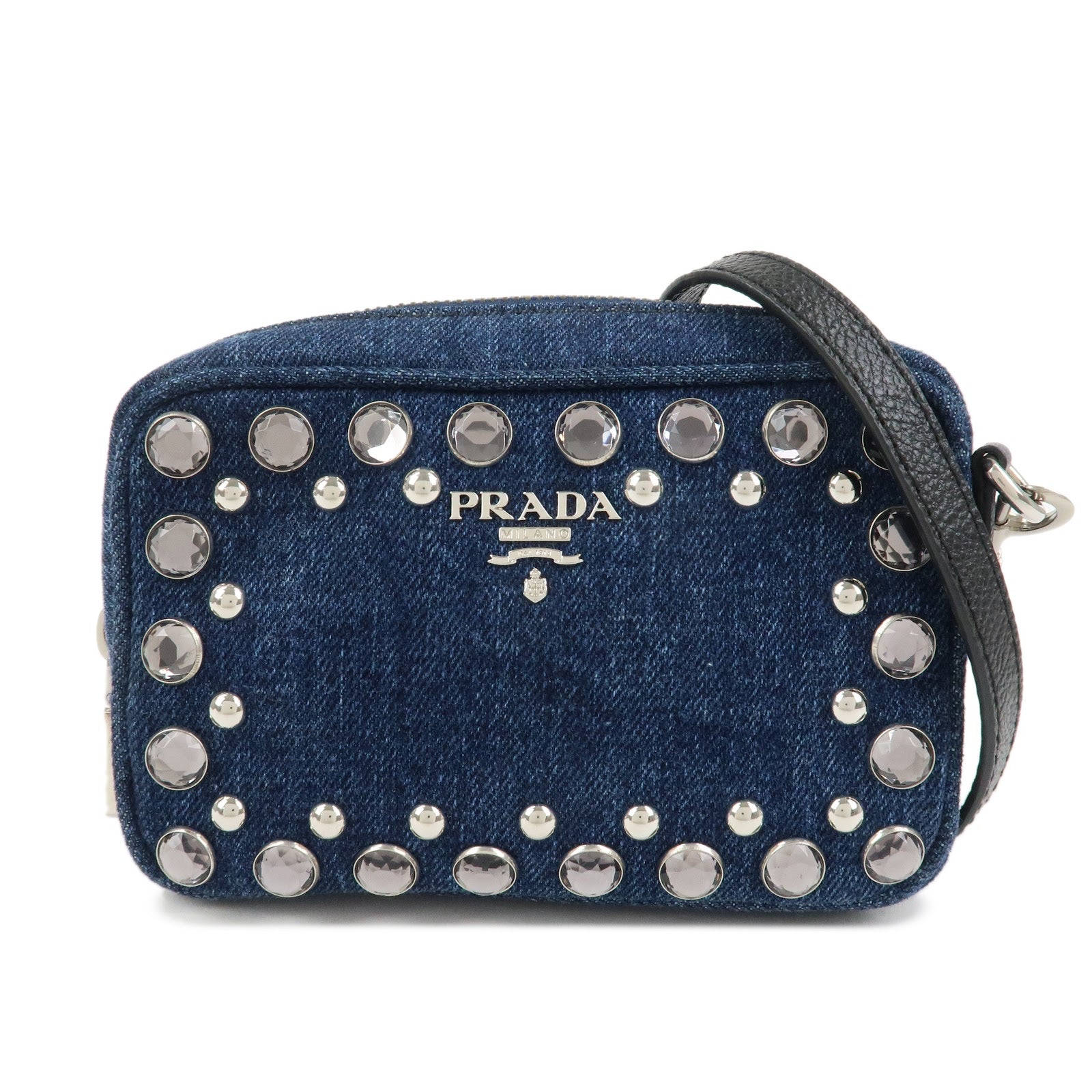 PRADA Logo Denim Leather Mini Shoulder Bag Camera Bag 1N1674