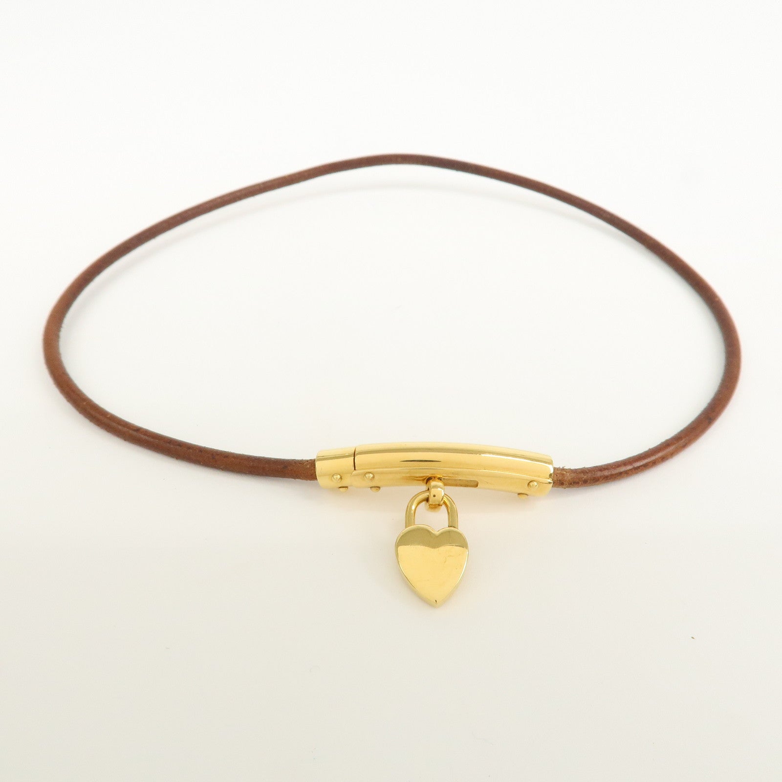 HERMES Leather Viviride Coeur Heart Cadena Necklace Choker Gold