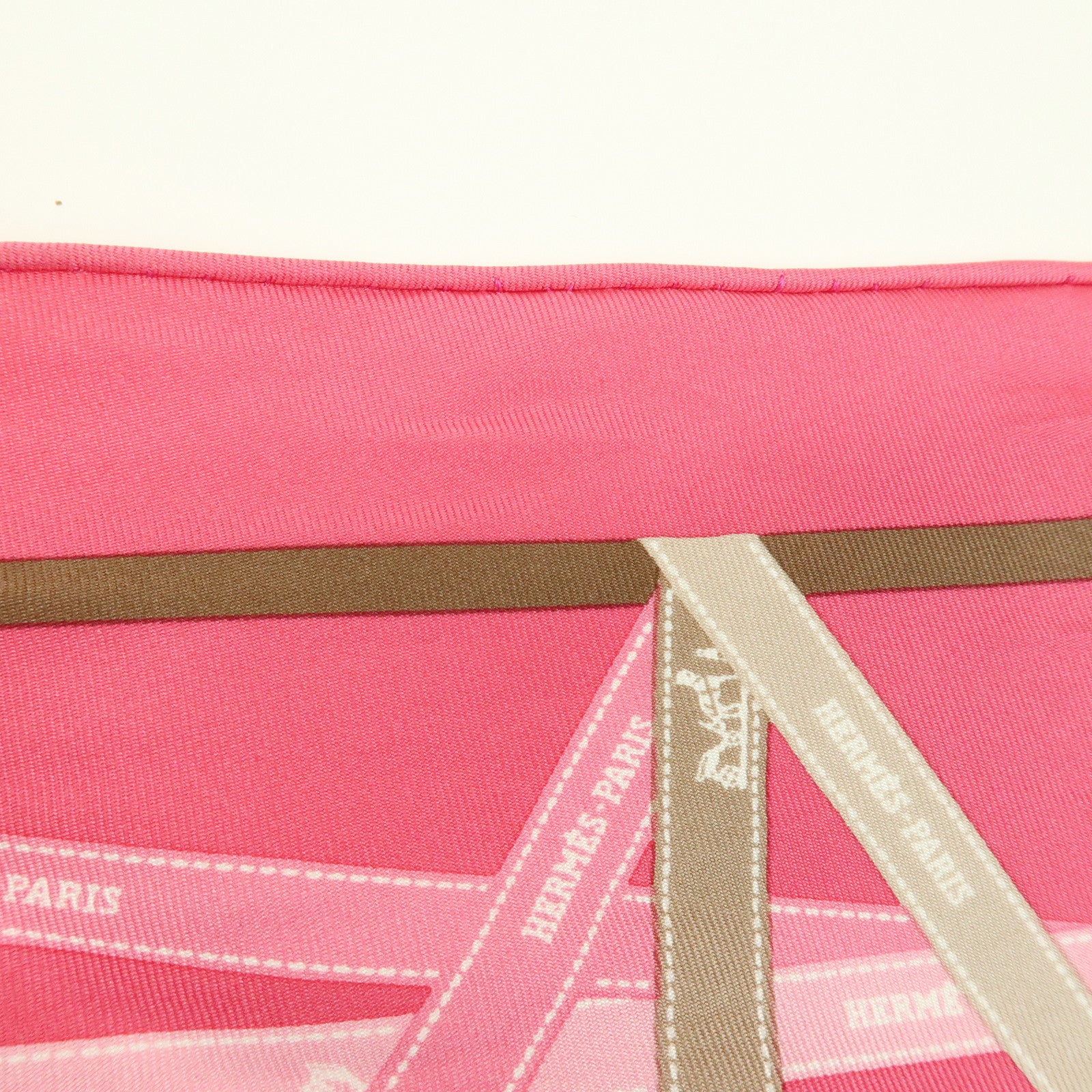 HERMES Pointu Silk 100% Scarf Ribbon Print Pink Beige