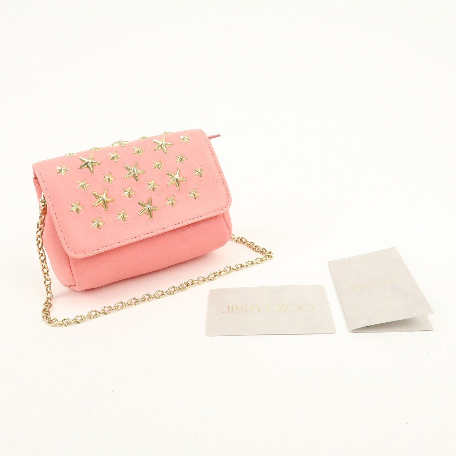 JIMMY CHOO Studs Leather Chain Shoulder Bag Crossbody Bag Pink