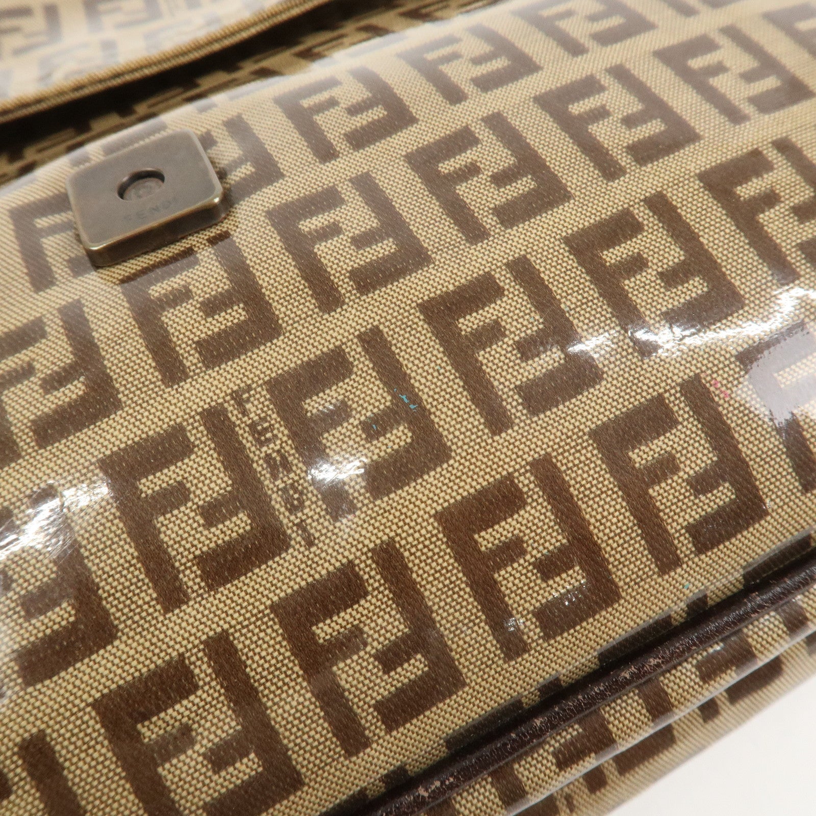 FENDI Zucchino PVC Canvas Leather Shoulder Bag Brown 8BR002