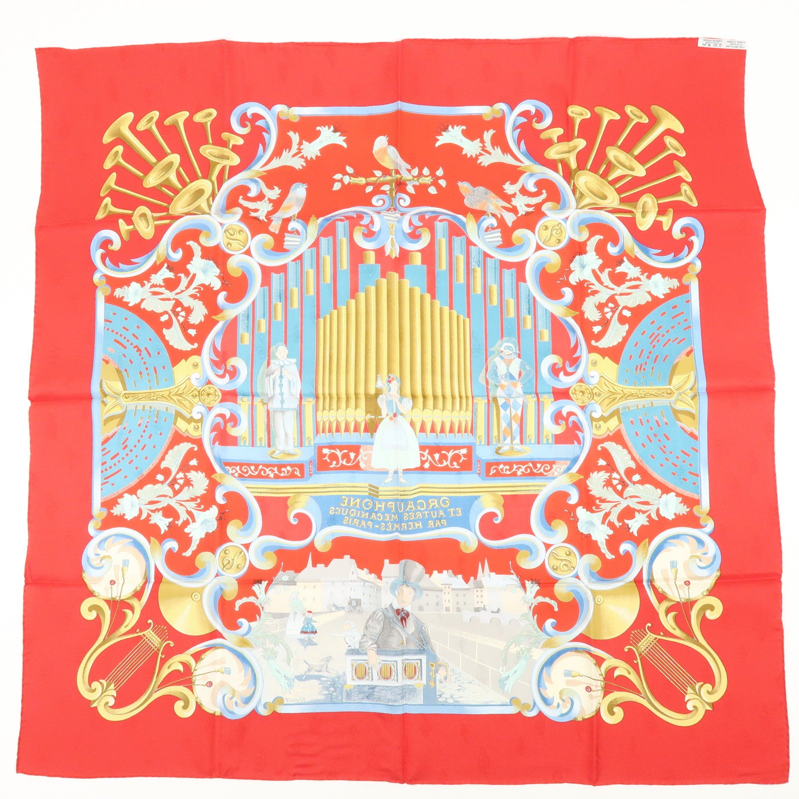 HERMES Carre 90 Silk 100% ORGAUPHONE ETAUTRES MECANIQUES Scarf Red
