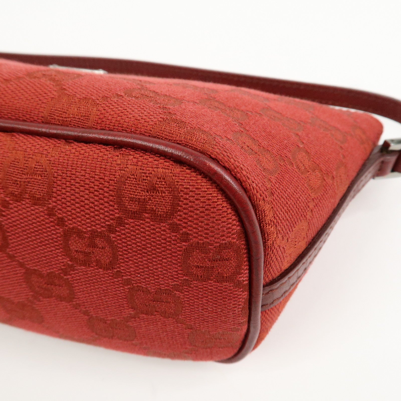 GUCCI Boat Bag GG Canvas Leather Hand Bag Pouch Red 07198