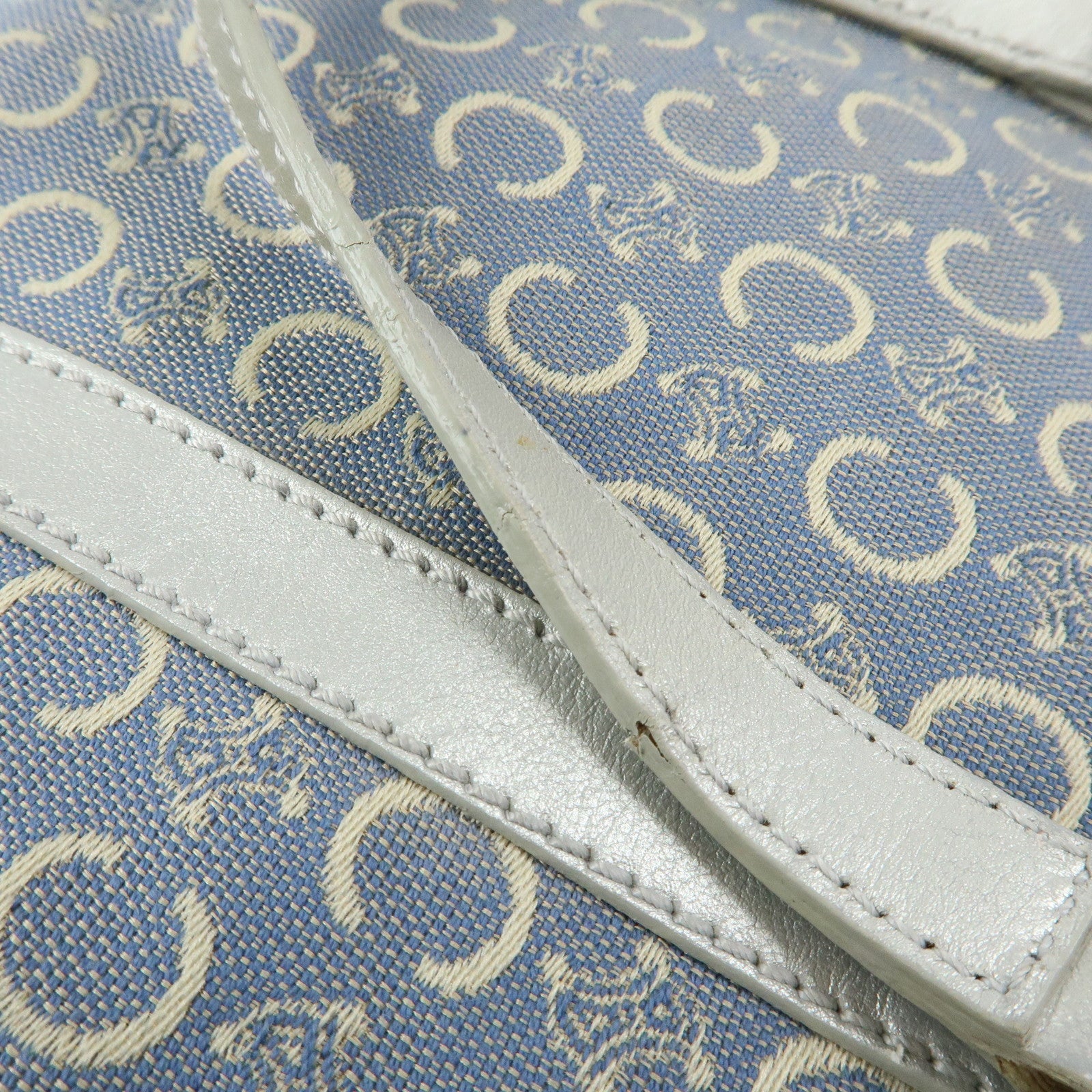 CELINE C Macadam Canvas Leather Tote Bag Hand Bag Light Blue Silver