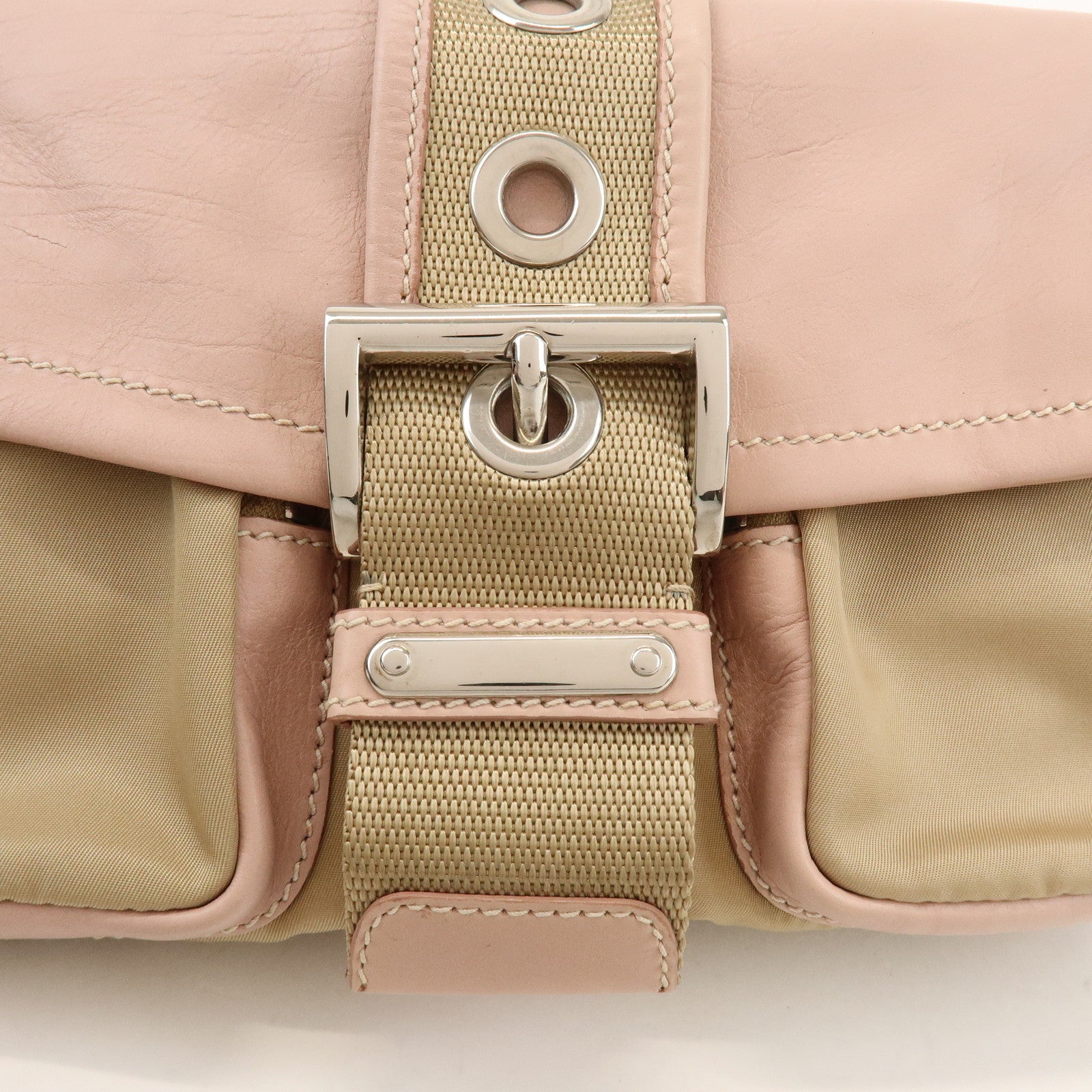PRADA Triangle Logo Nylon Leather Shoulder Bag Beige Pink BR2417