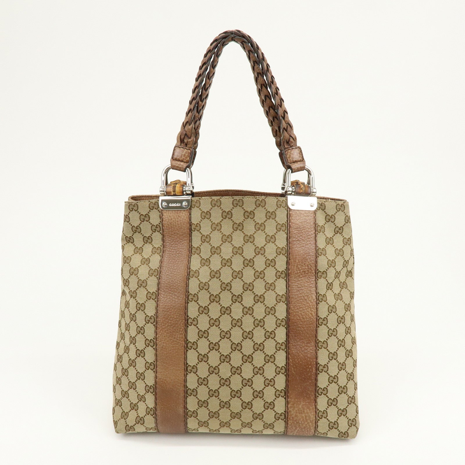 GUCCI Bamboo GG Canvas Leather Tote Bag Shoulder Bag Beige 232946