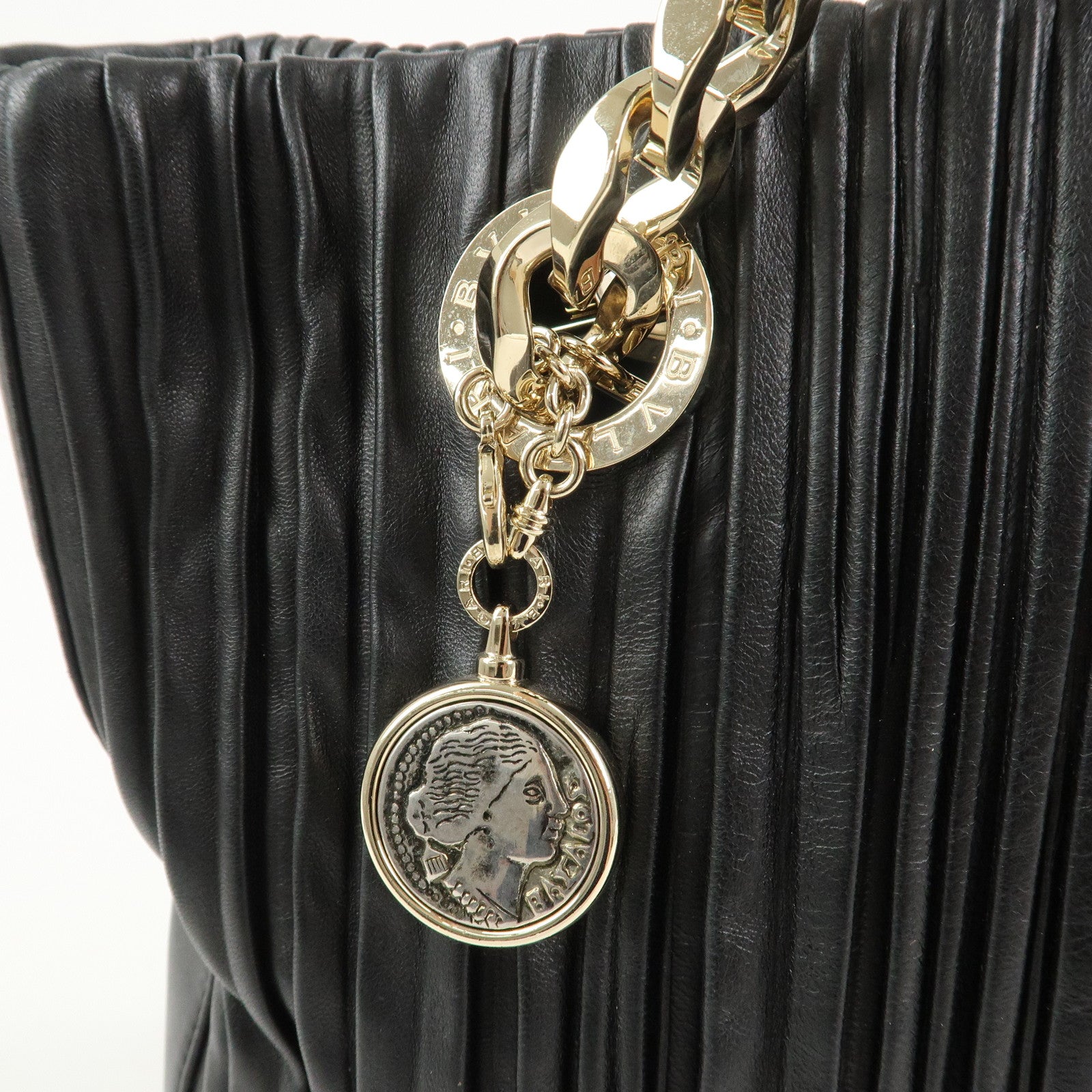 BVLGARI Monete Nappa Plisse Chain Shoulder Bag Tote Bag Black