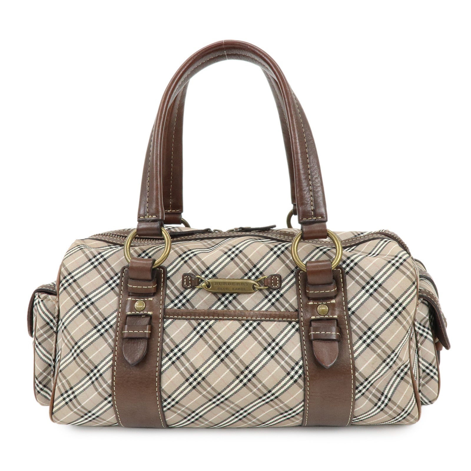 BURBERRY Blue Label Canvas Leather Plaid Hand Bag Boston Bag Brown