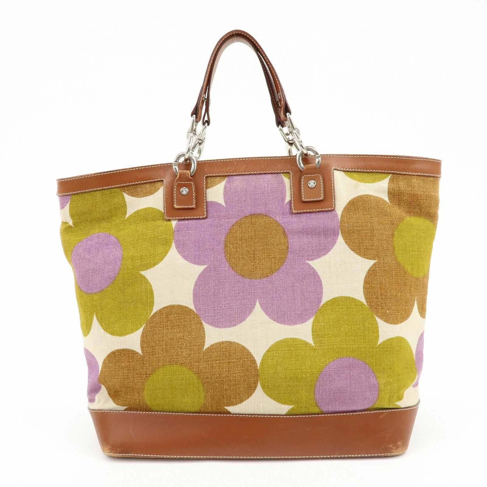 CELINE Flower Canvas Leather Tote Bag Shoulder Bag Brown Natural
