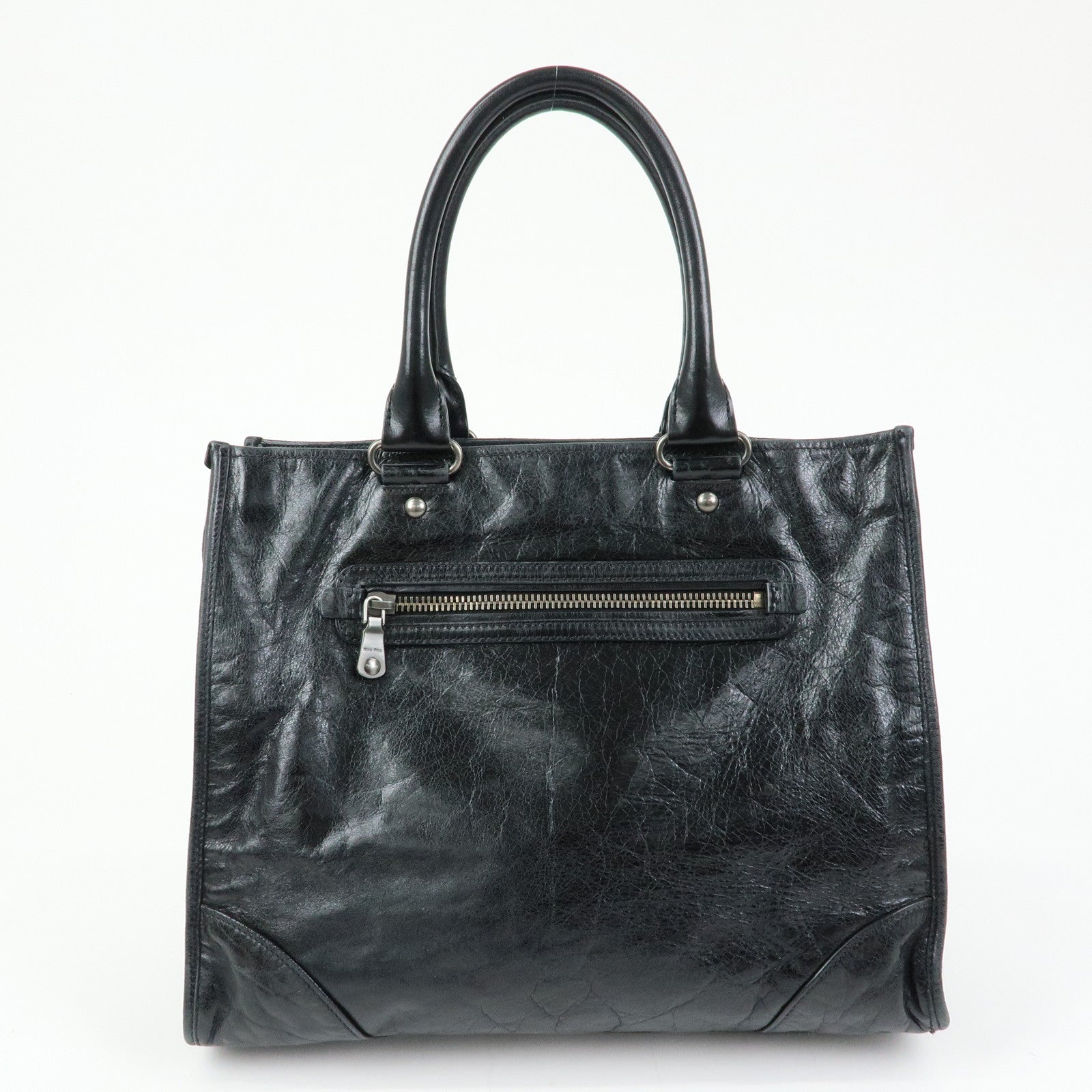 MIU MIU Leather Tote Bag Shoulder Bag Black Padlock Charm