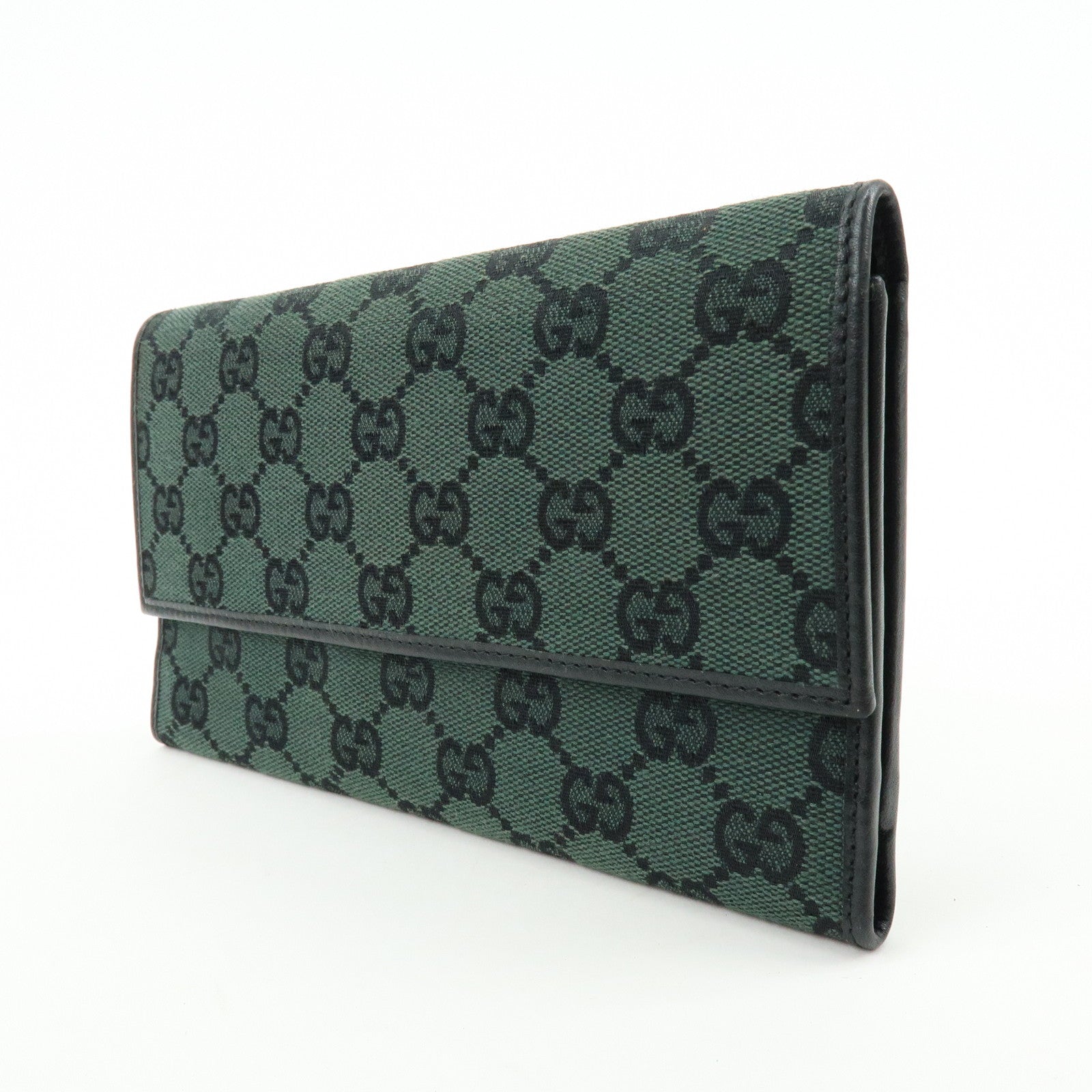 GUCCI GG Canvas Leather Long Wallet Green Black 257303