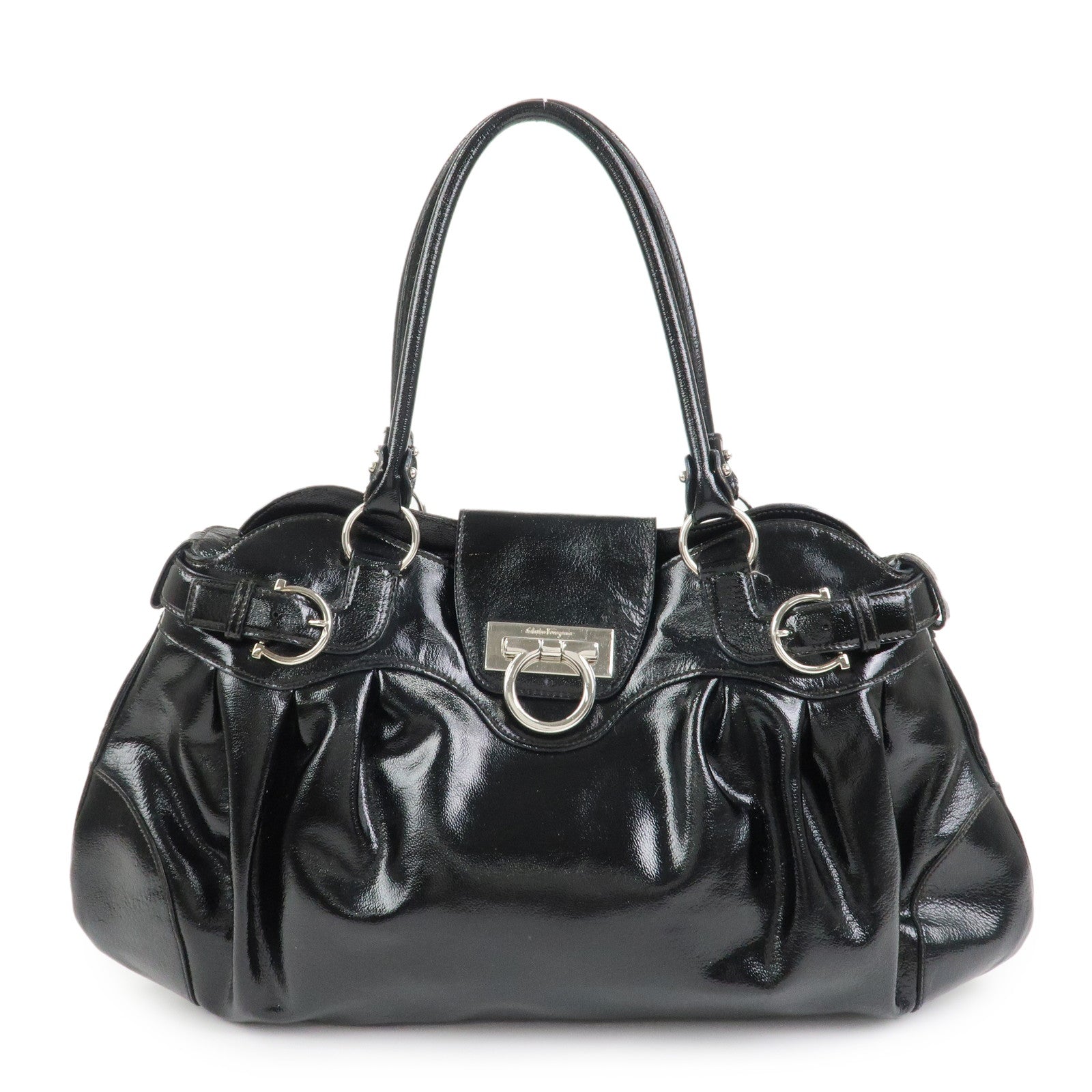 Ferragamo Gancini Patent Leather Hand Bag Shoulder Bag Black