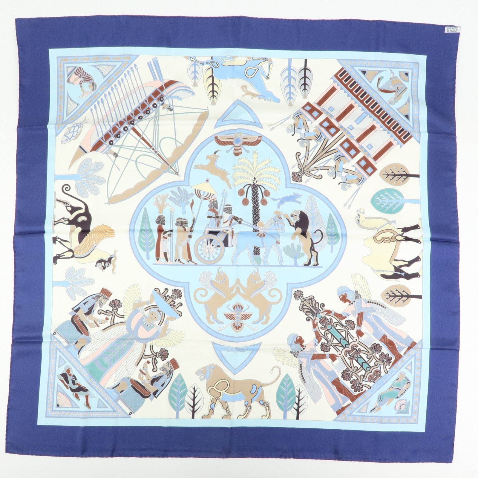 HERMES Carre 90 Silk 100% Scarf PERSEPOLIS Persian Print Brown Blue