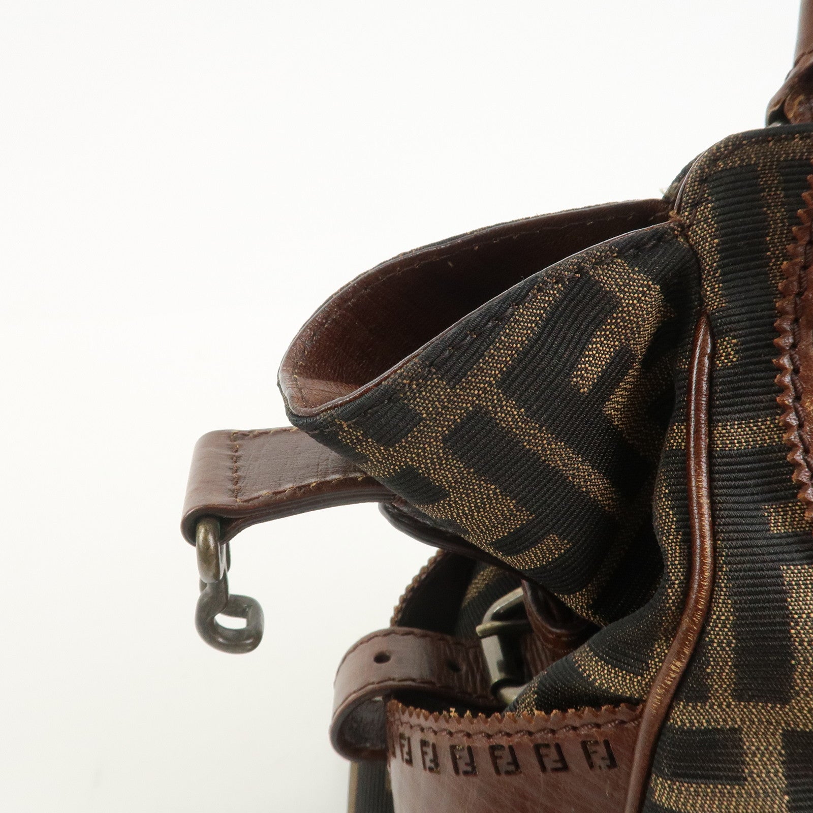 FENDI Etnico Zucca Canvas Leather Shoulder Bag Brown Black 8BN157