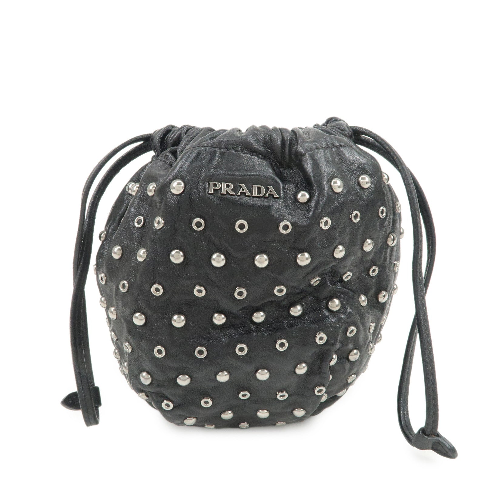 PRADA Studs Leather Drawstring Bag Cosmetic Pouch Black