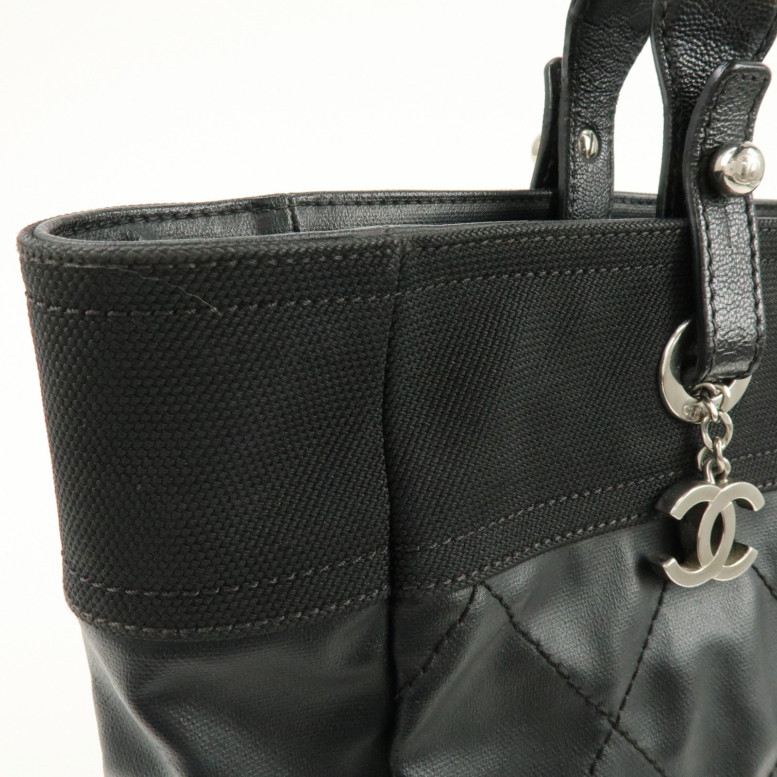 CHANEL PVC Canvas Leather Paris Biarritz MM Tote Hand Bag A34209