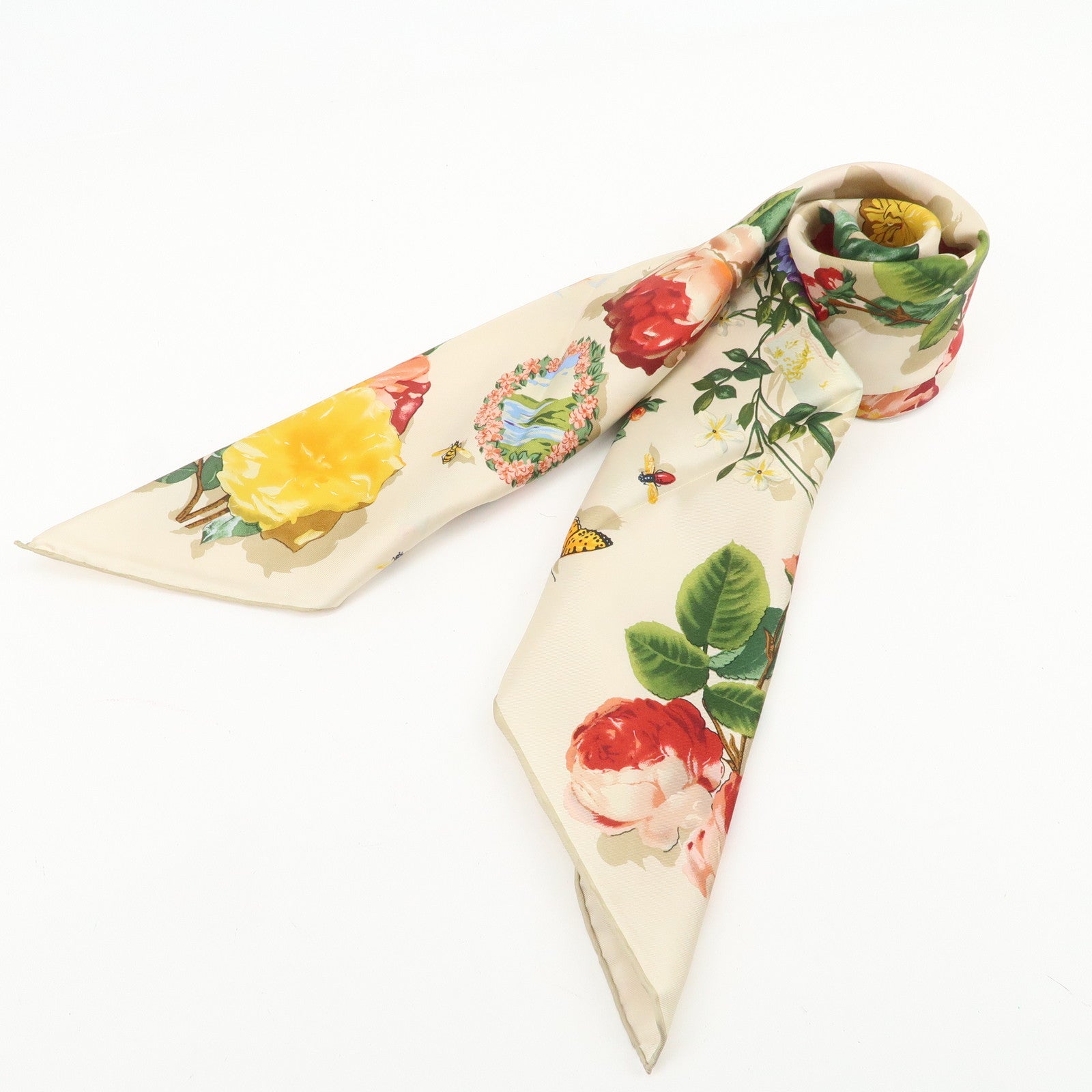 GUCCI Silk 100% Botanical Scarf Beige Multicolor