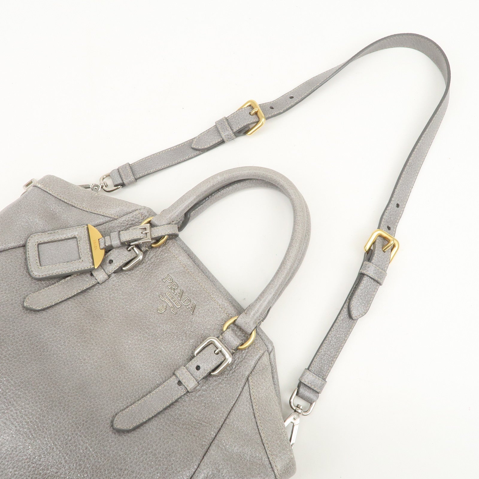 PRADA Logo Leather 2Way Bag Hand Bag Shoulder Bag Gray BN1695
