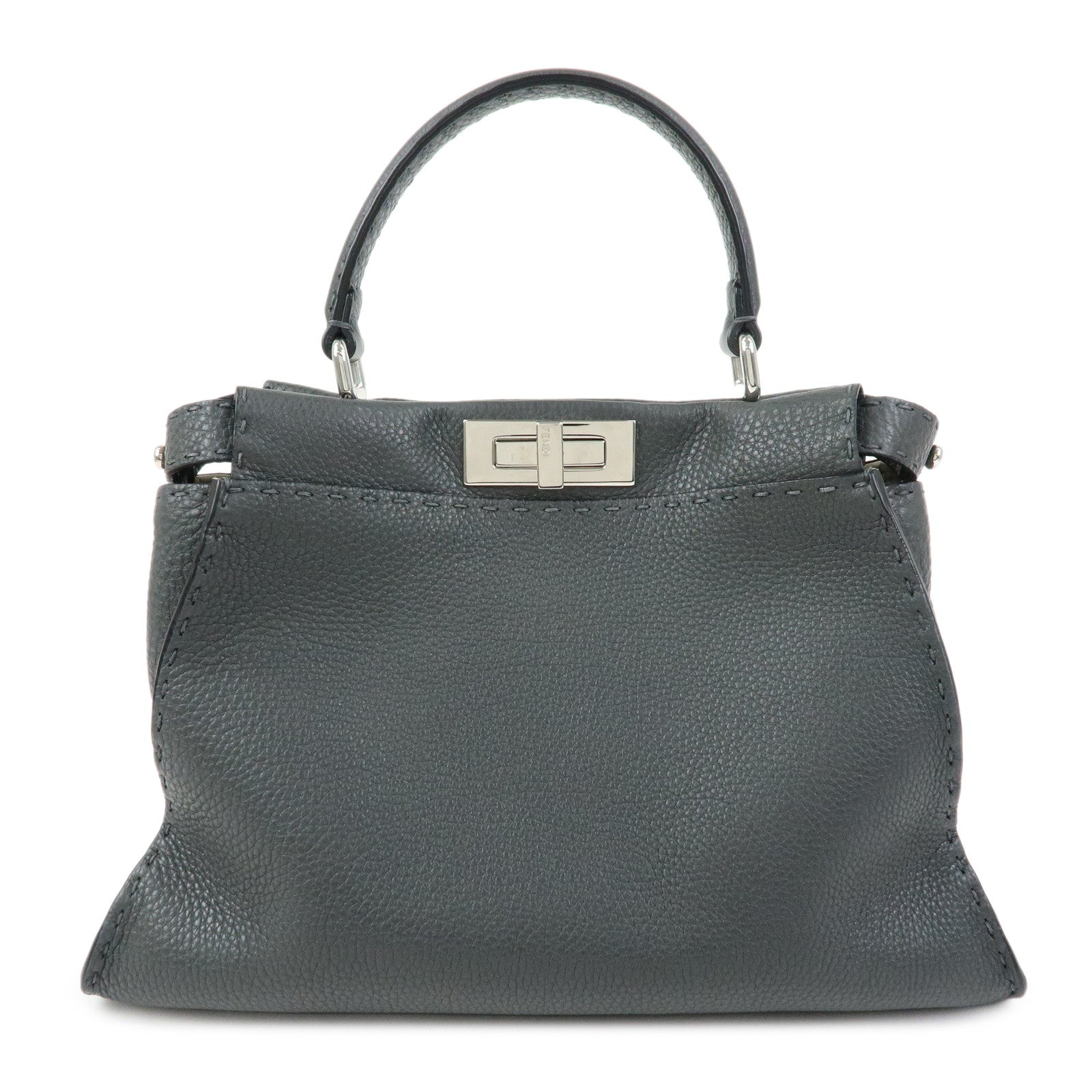 FENDI Selleria Leather 2Way Bag Hand Bag Shoulder Bag Grey 8BN290