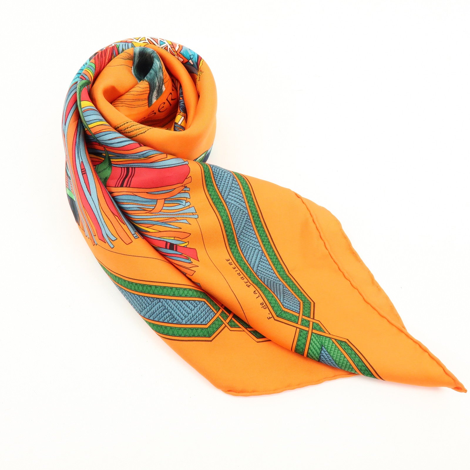 HERMES Carre 90 Silk 100% CUIRS DU DESERT Scarf Orange