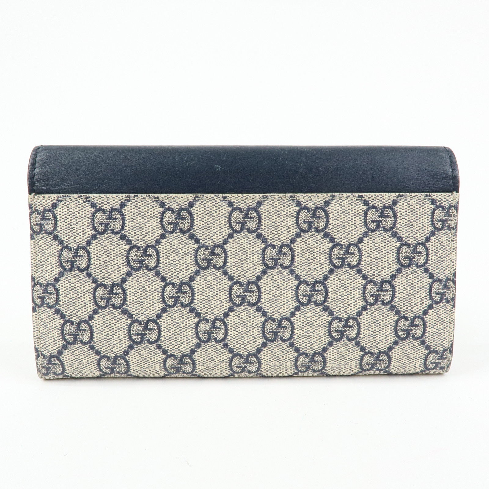 GUCCI GG Supreme Leather Flap Long Wallet Navy Beige 410100
