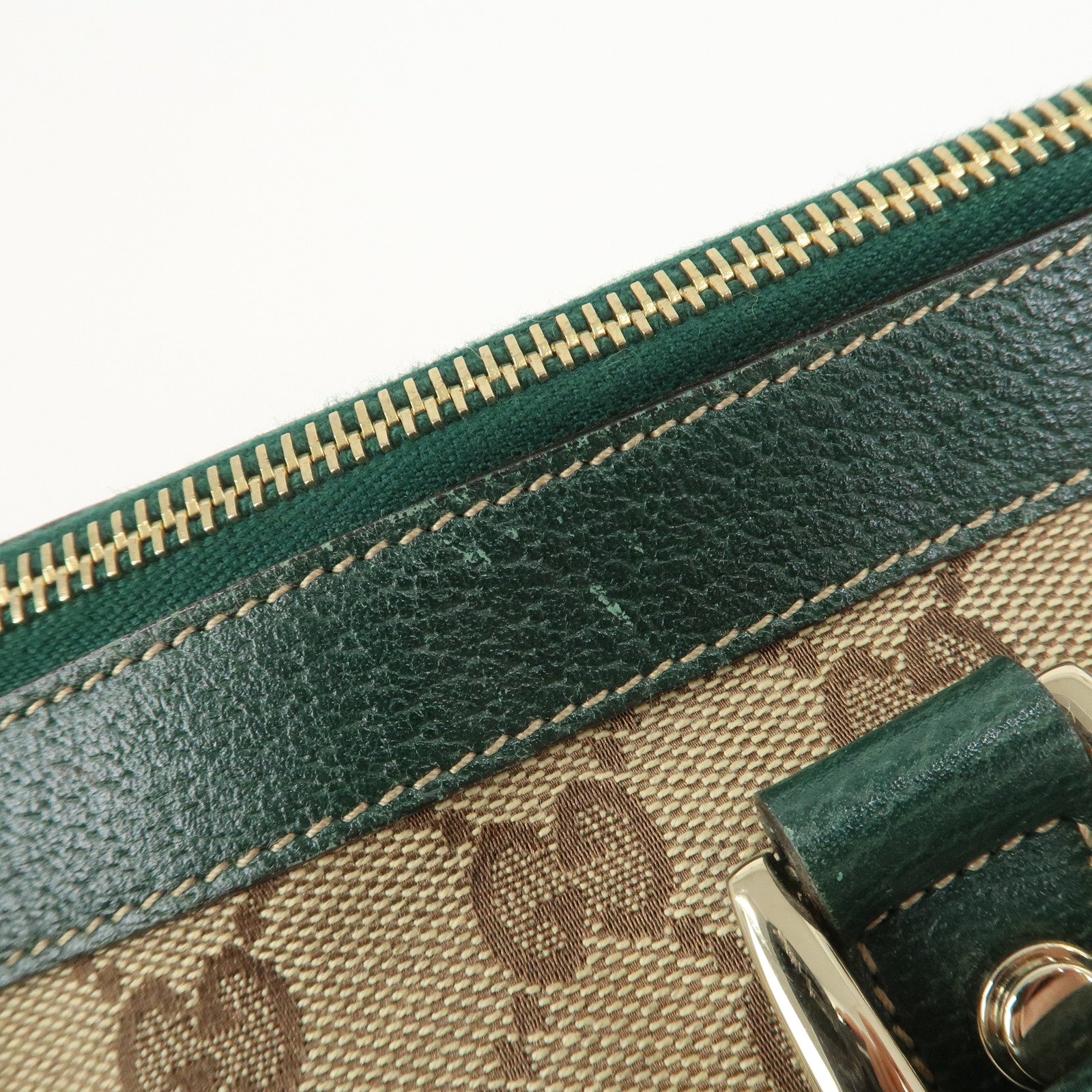 GUCCI Abbey GG Canvas Leather Tote Bag Beige Dark Green 141470