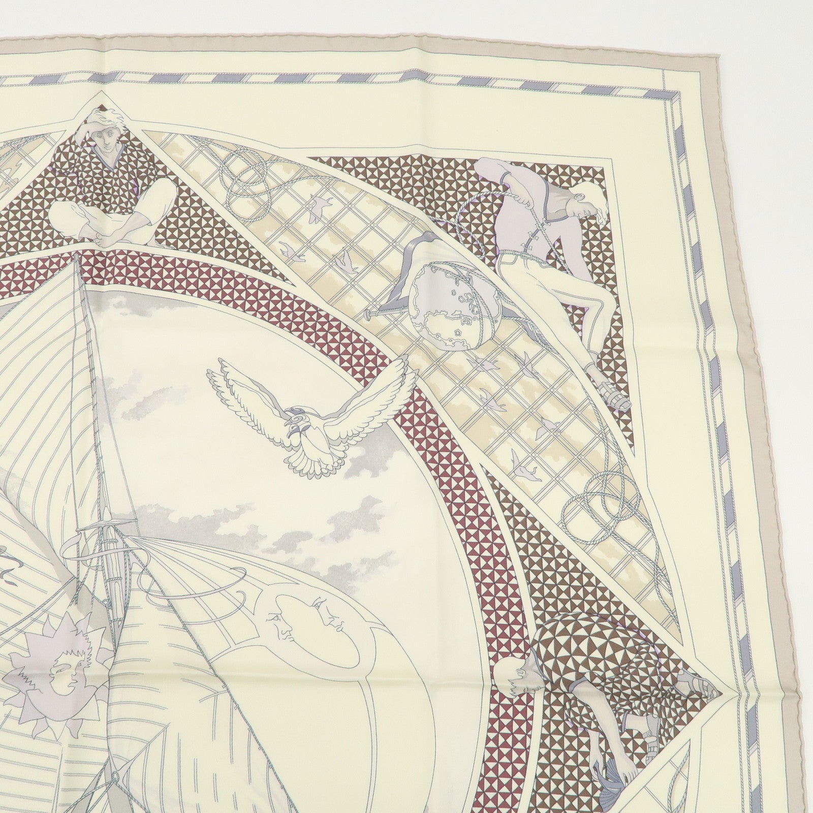 HERMES Carre 90 Silk 100% Scarf VOYAGE au LONGCOURS Ivory Used