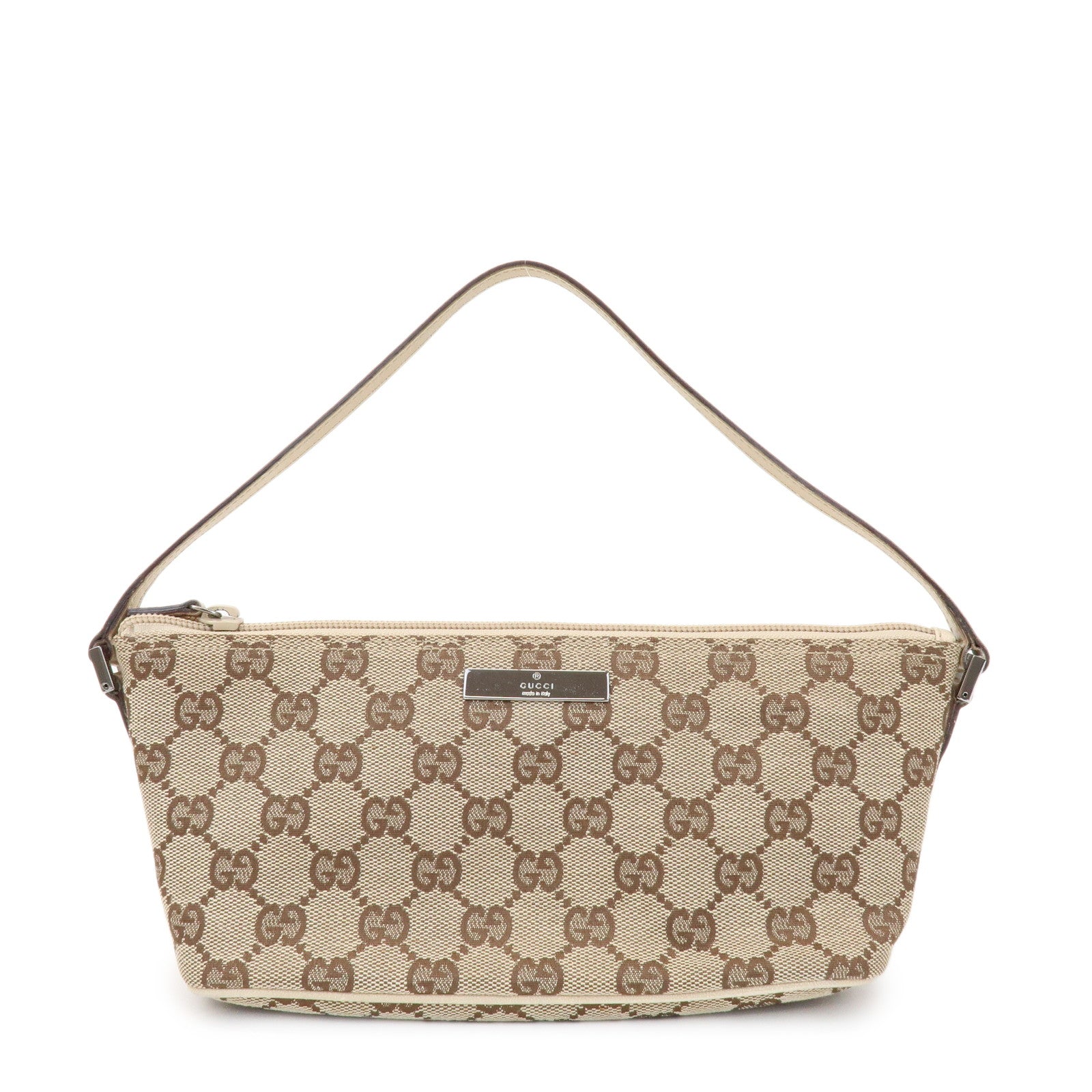 GUCCI Boat Bag GG Canvas Leather Pouch Hand Bag Beige Brown 07198