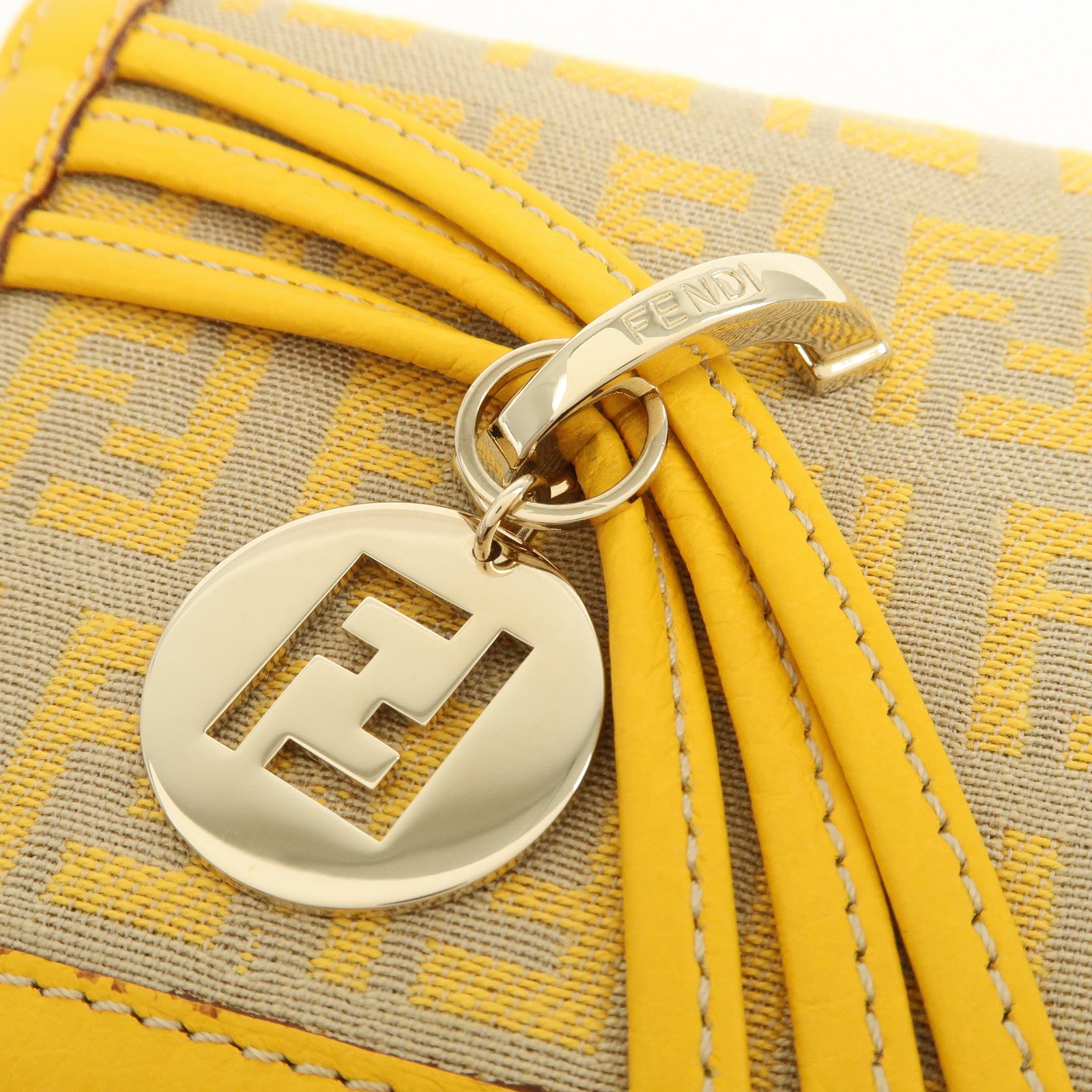 FENDI Zucchino Canvas Leather Tri-fold Compact Wallet Yellow 8M0177