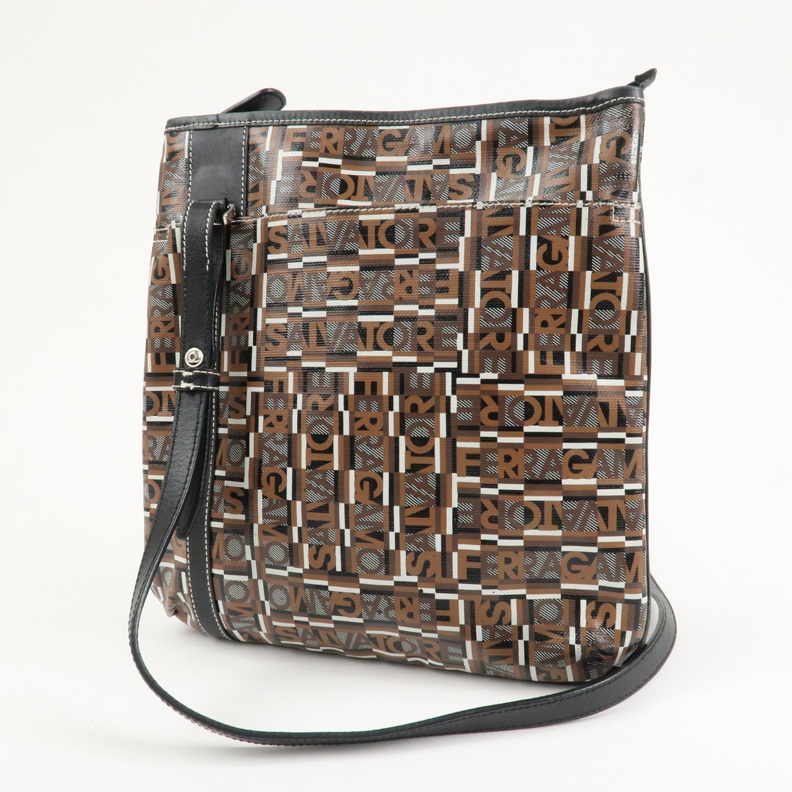 Ferragamo Leather PVC Shoulder Bag Black Brown White