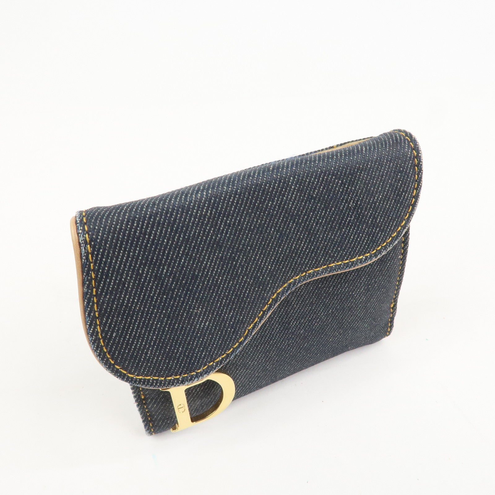 Christian Dior Saddle Denim Leather Compact Wallet Indigo Blue