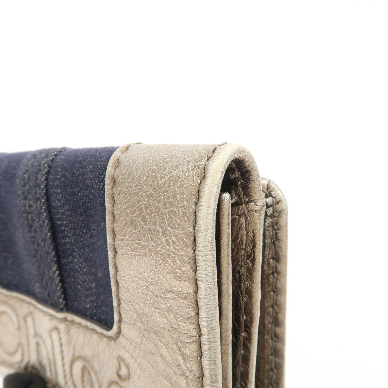 Chloe Harlee Leather Denim Bi-Fold Compact Wallet Silver Blue