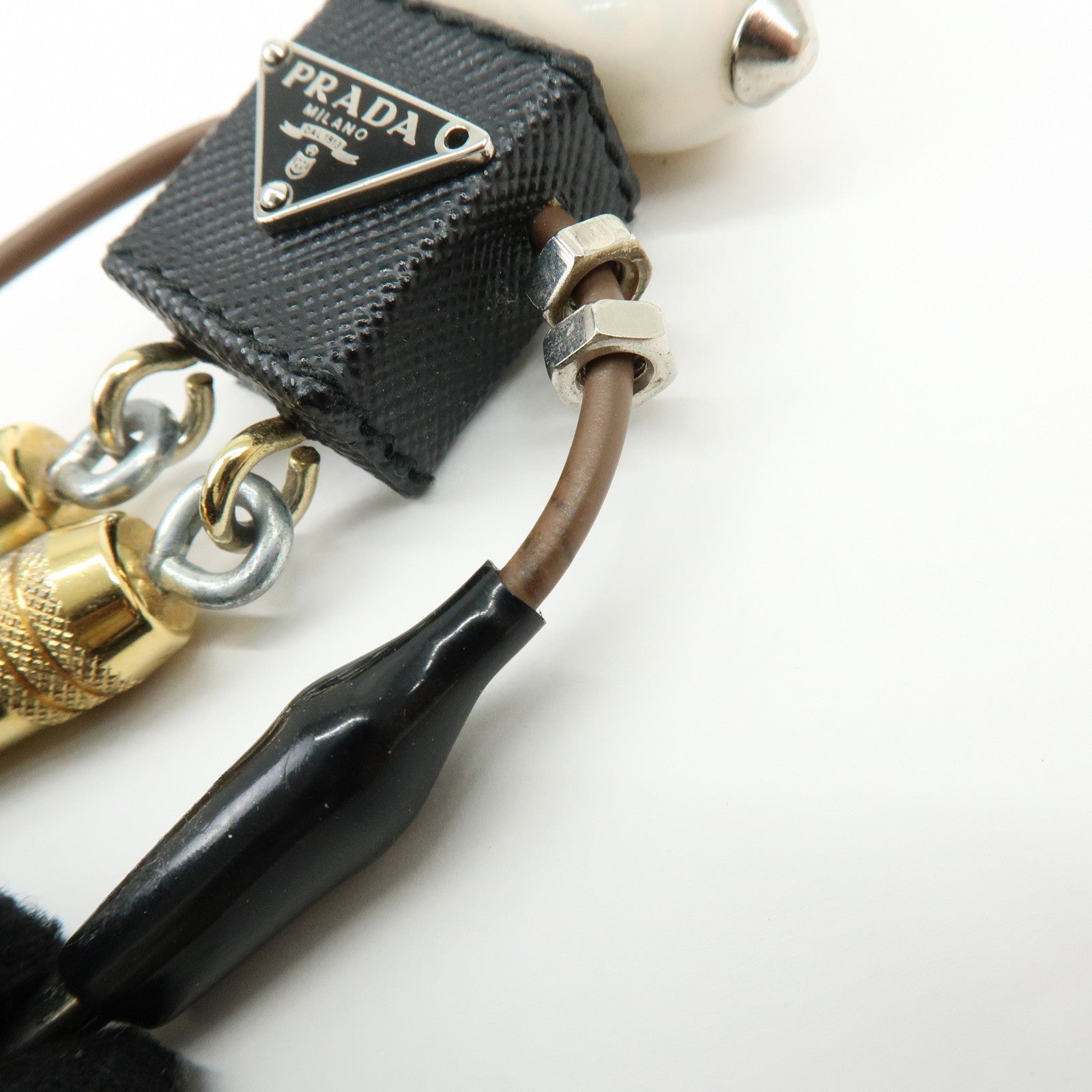 PRADA Triangle Logo Leather Metal Bag Charm Key Charm Black 1ARA97