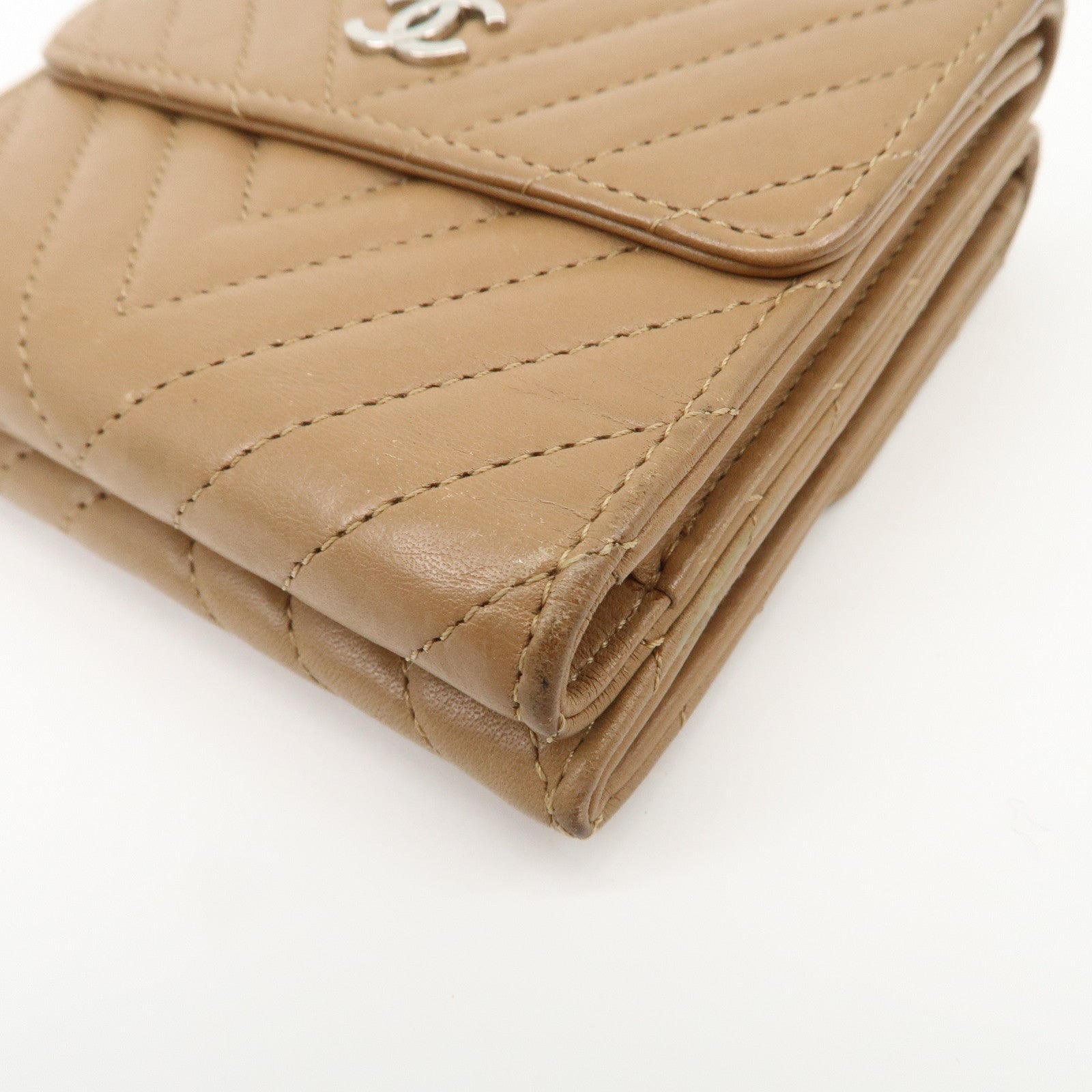 CHANEL Matelasse V Stitch Leather Tri-Fold Wallet Brown A34281