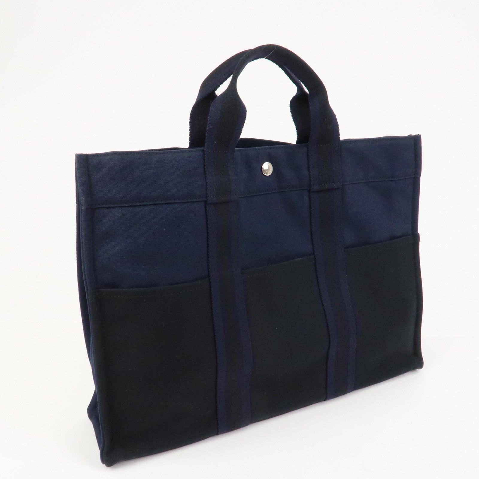 HERMES Fourre Tout MM Canvas Tote Bag Hand Bag Black Navy