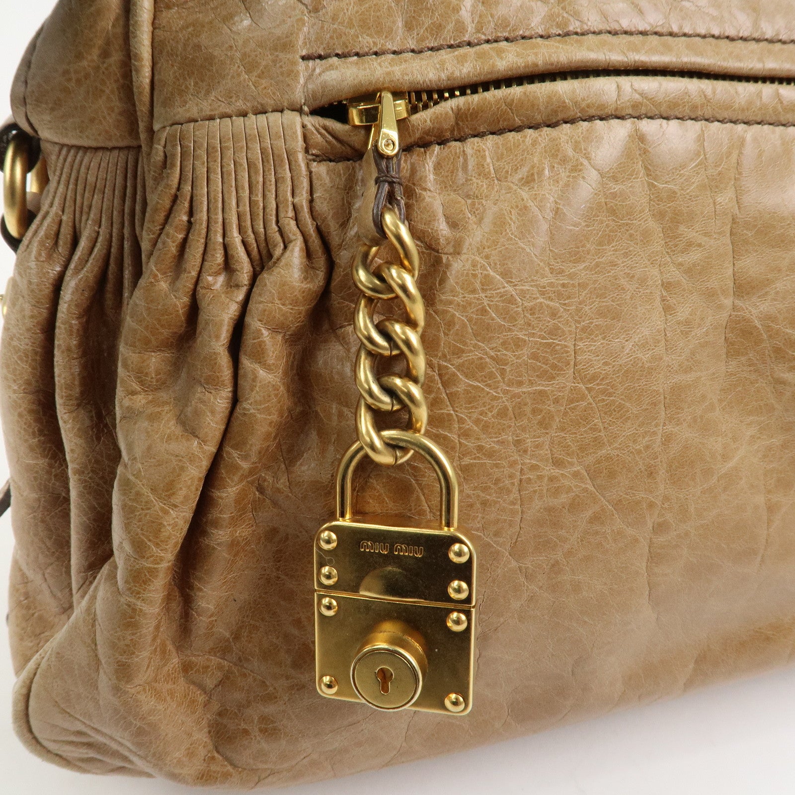 MIU MIU Logo Leather Hand Bag Boston Bag Light Brown