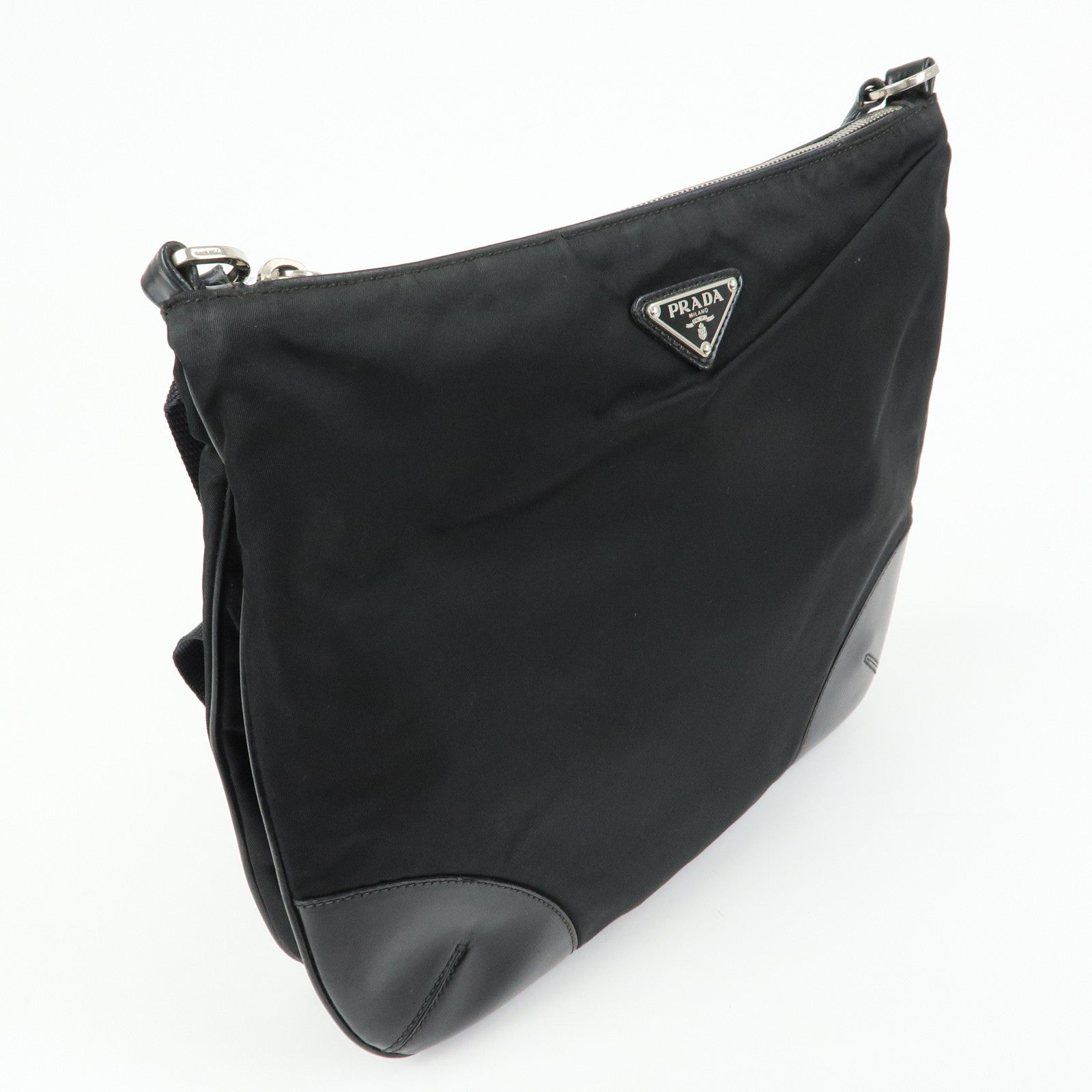 PRADA Triangle Logo Nylon Leather Shoulder Bag Black BT0326