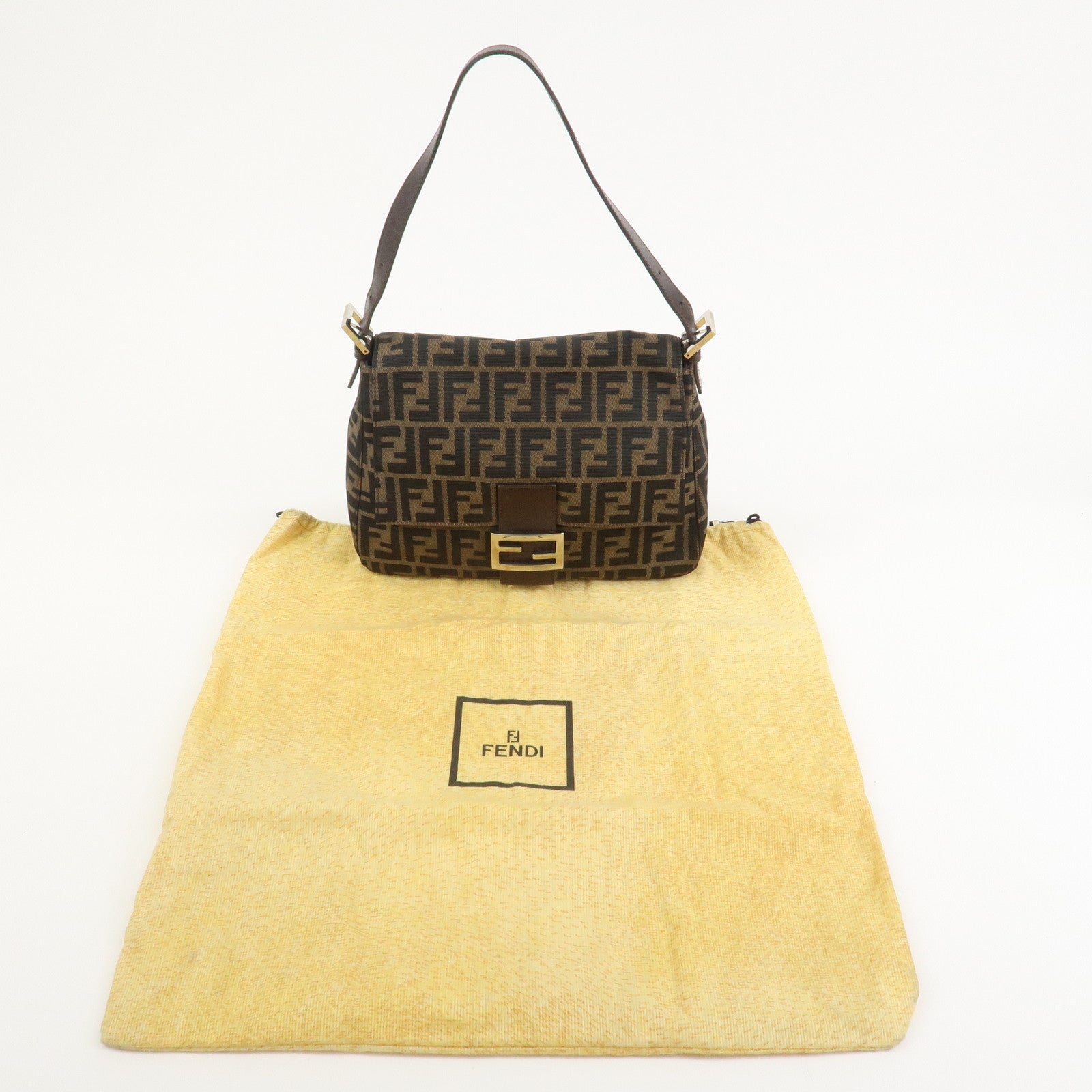 FENDI Mamma Baguette Zucca Canvas Leather Shoulder Bag Brown 26325