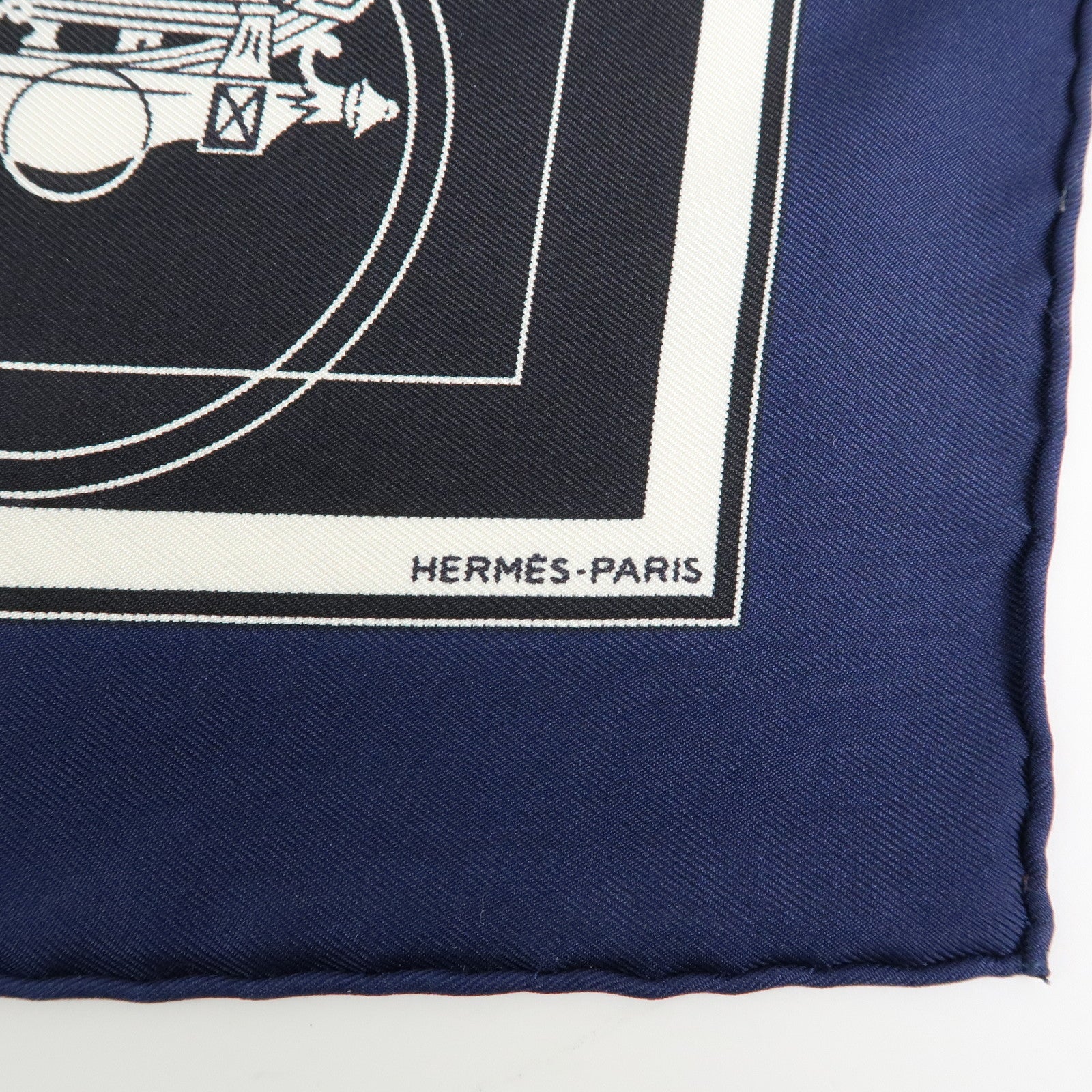 HERMES Carre 42 Silk 100% Ex-Libris Fringe Scarf Black Navy
