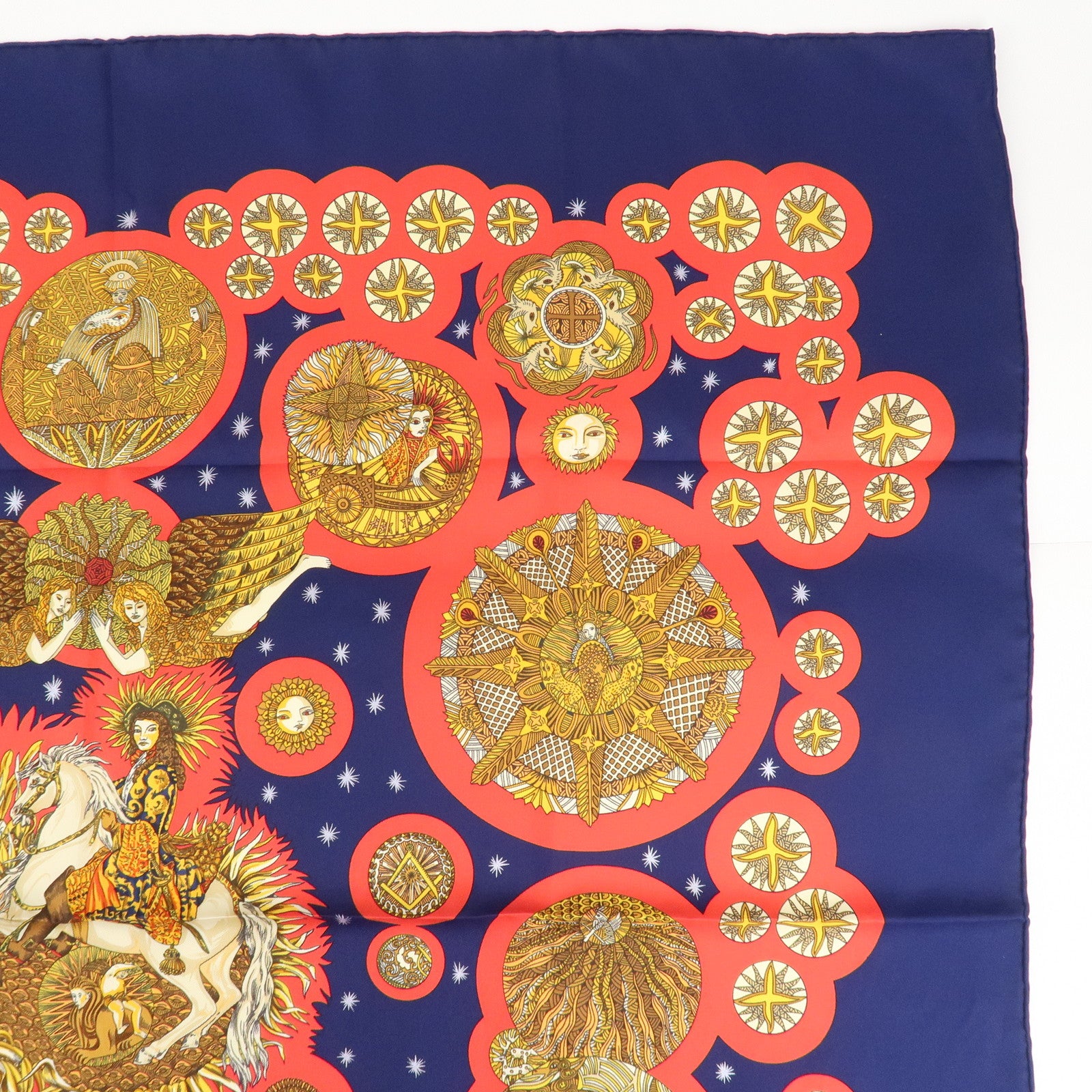 HERMES Pleats Carre Silk 100% Scarf Le Roy Soleil Navy Red Used