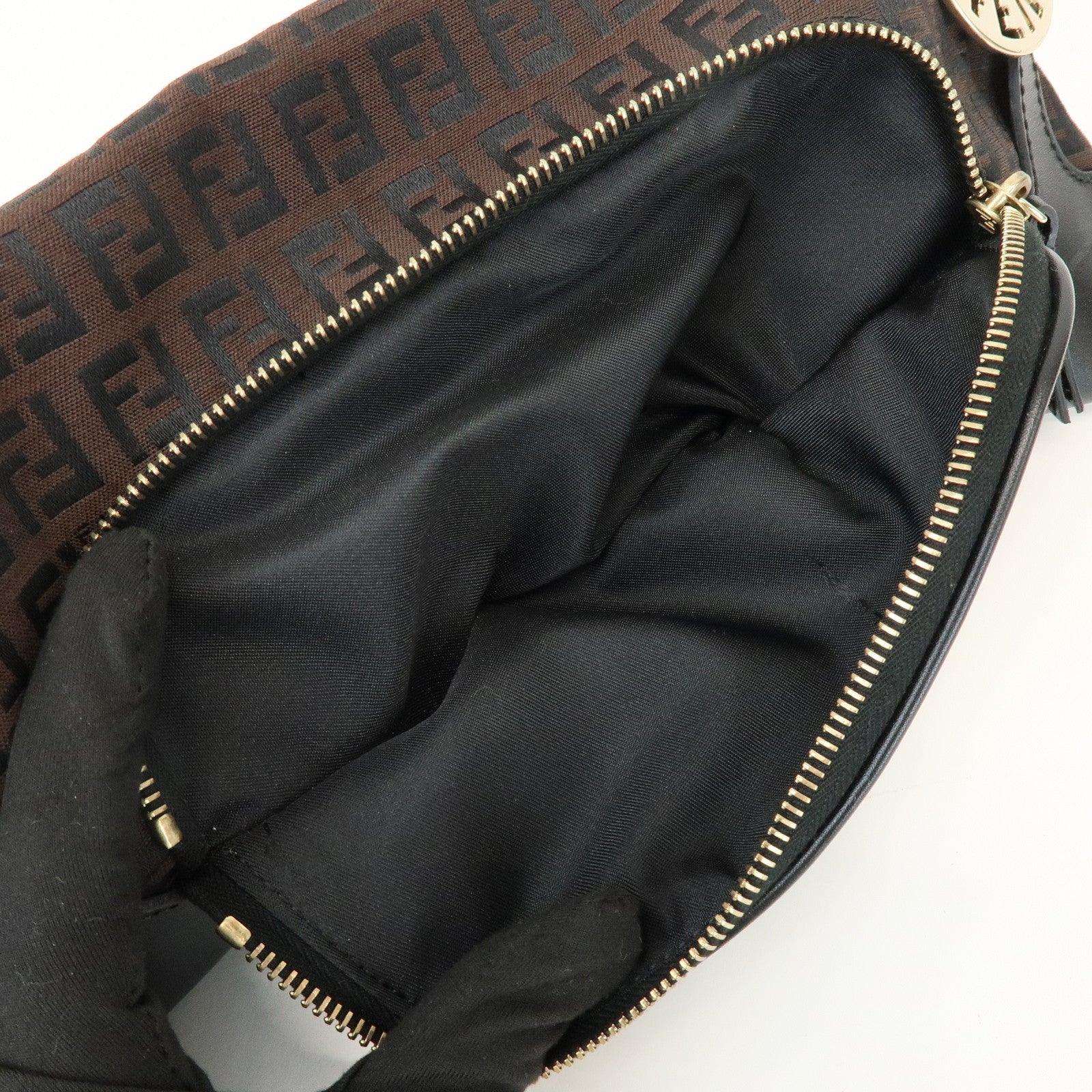 FENDI Zucchino Logo Canvas Leather Black Shoulder Bag Brown 8BR464