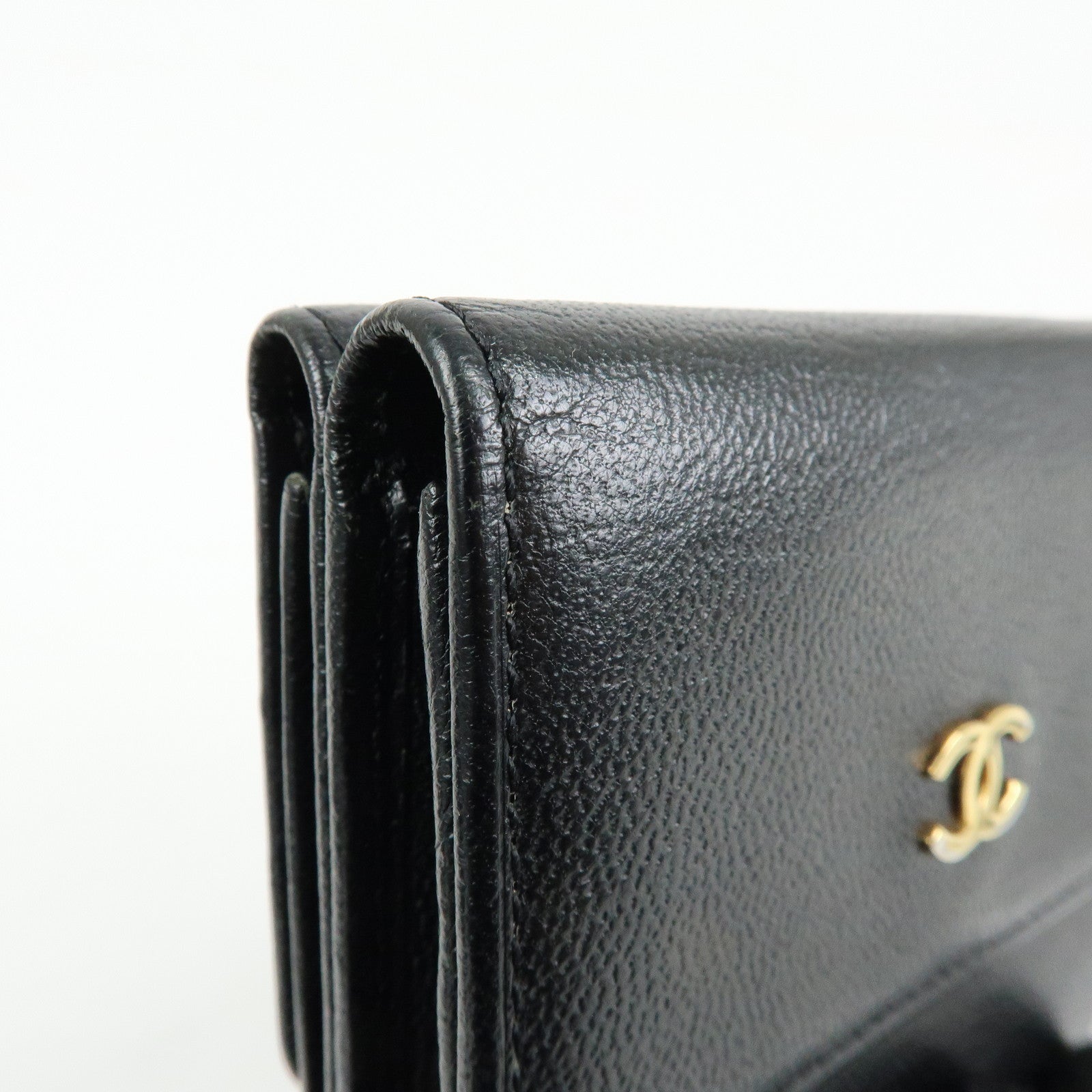 CHANEL COCO Mark Lamb Skin Tri-fold Compact Wallet Black A13456