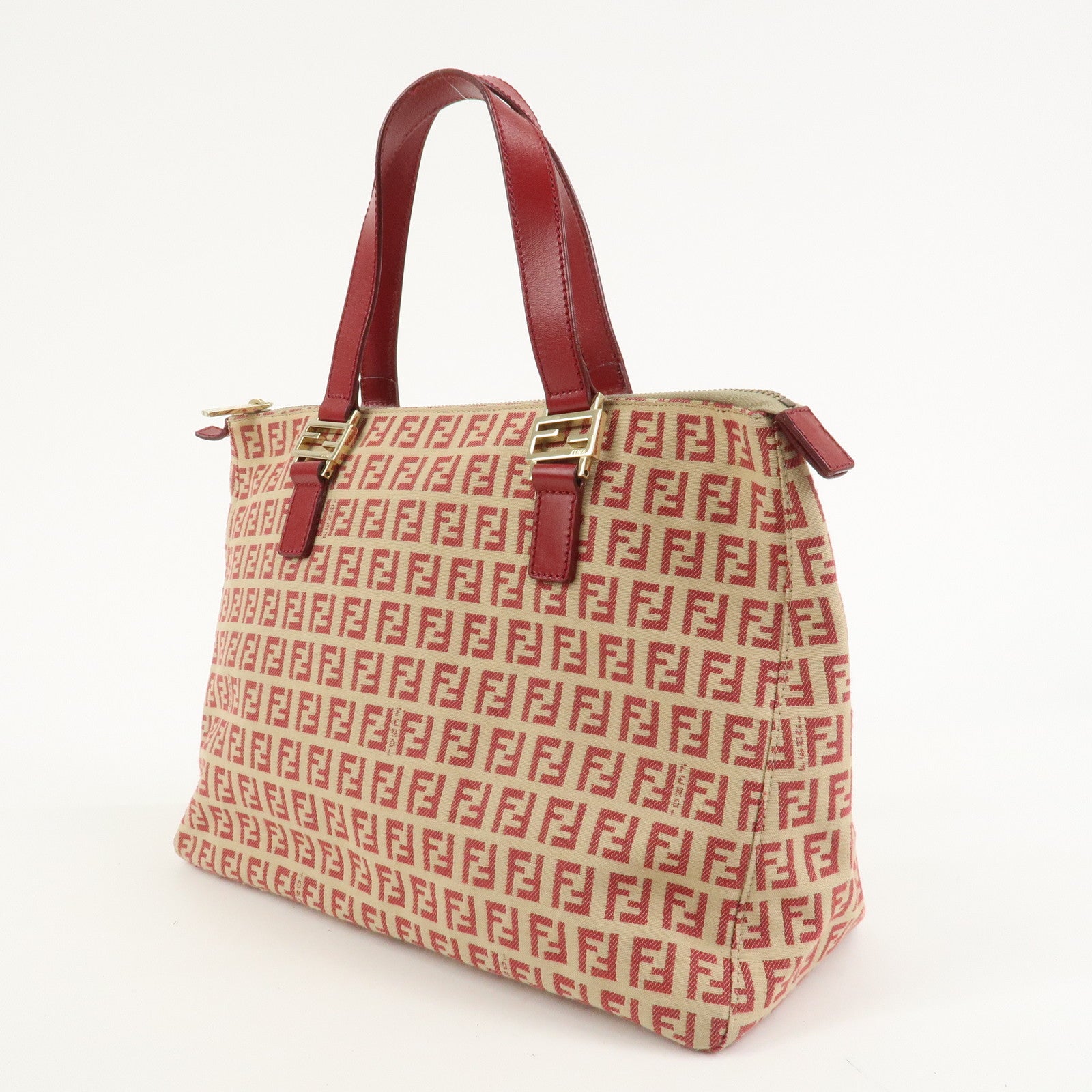 FENDI Zucchino Canvas Leather Tote Bag Hand Bag Beige Red 8BH134