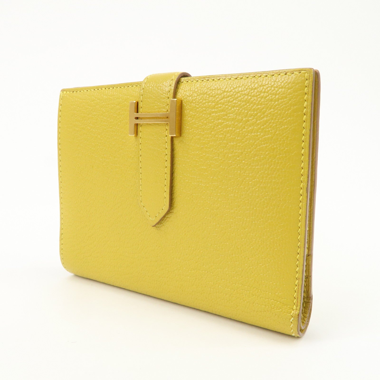 HERMES Leather Bearn Mini Compact Wallet D Stamped Yellow