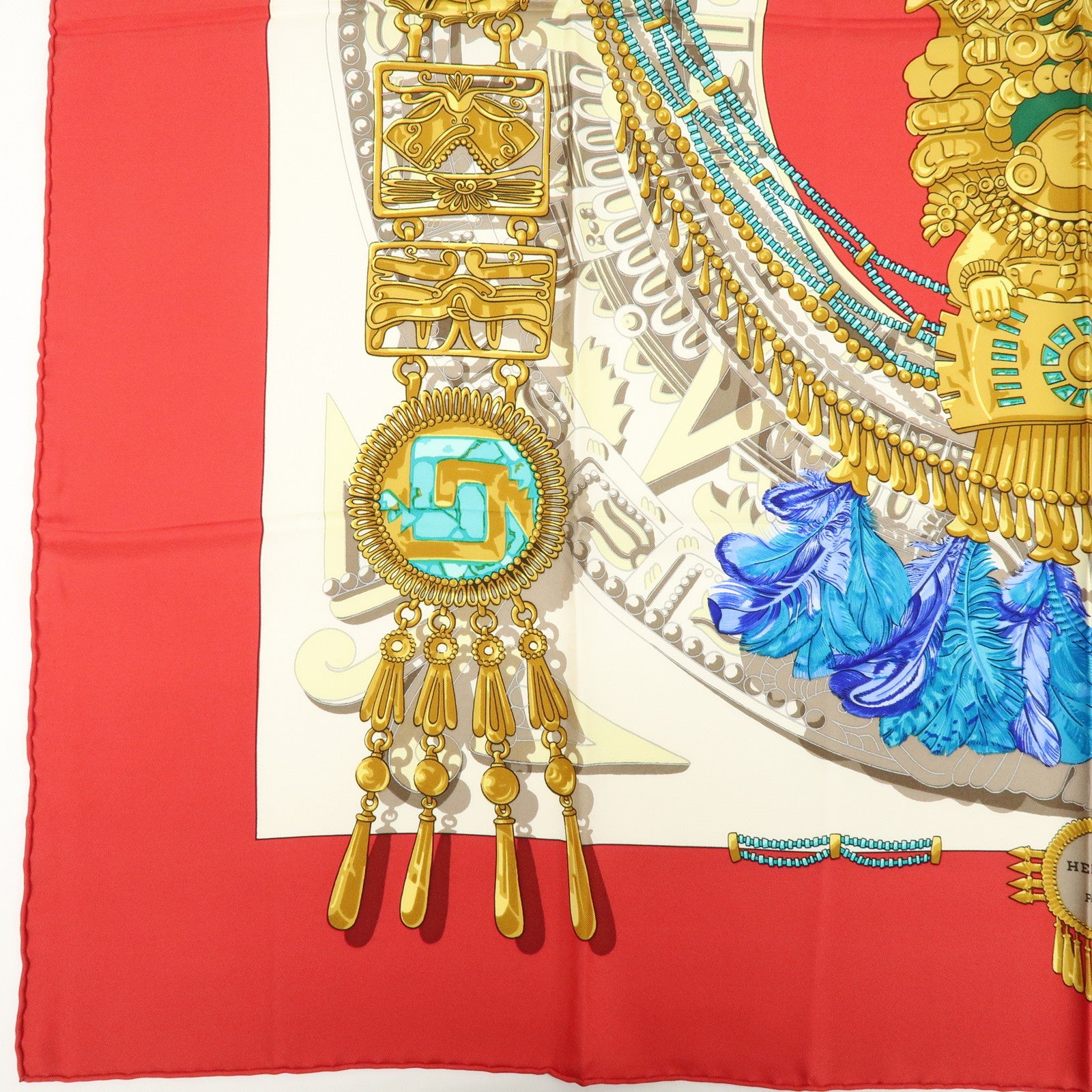 HERMES Carre 90 Silk 100% Scarf MEXIQUE Red Gold Blue