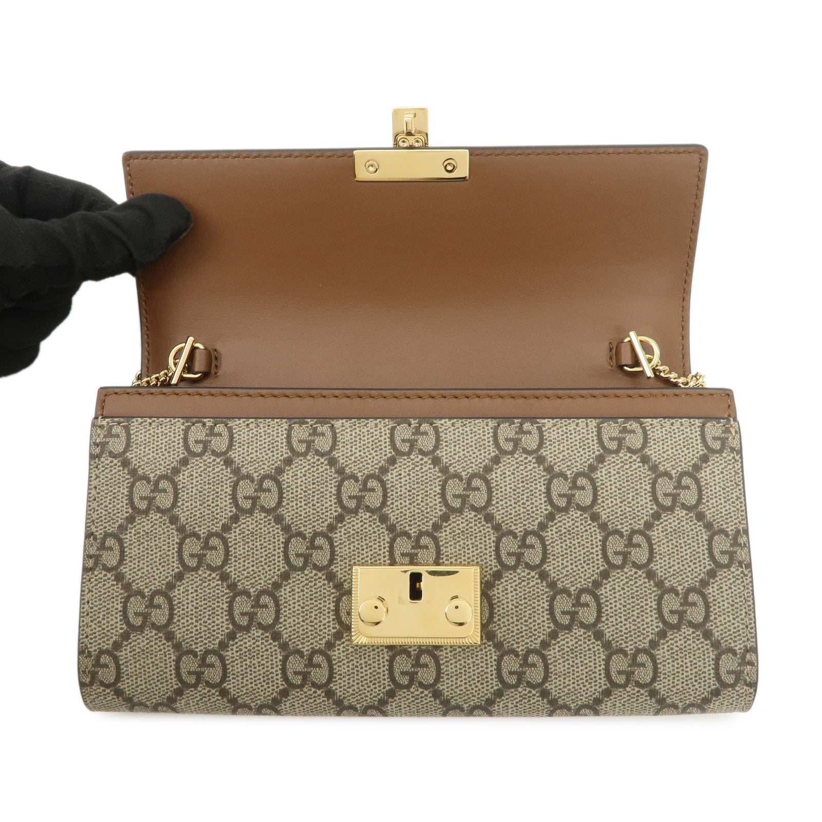 GUCCI GG Supreme Leather Chain Wallet WOC Beige Black 779774
