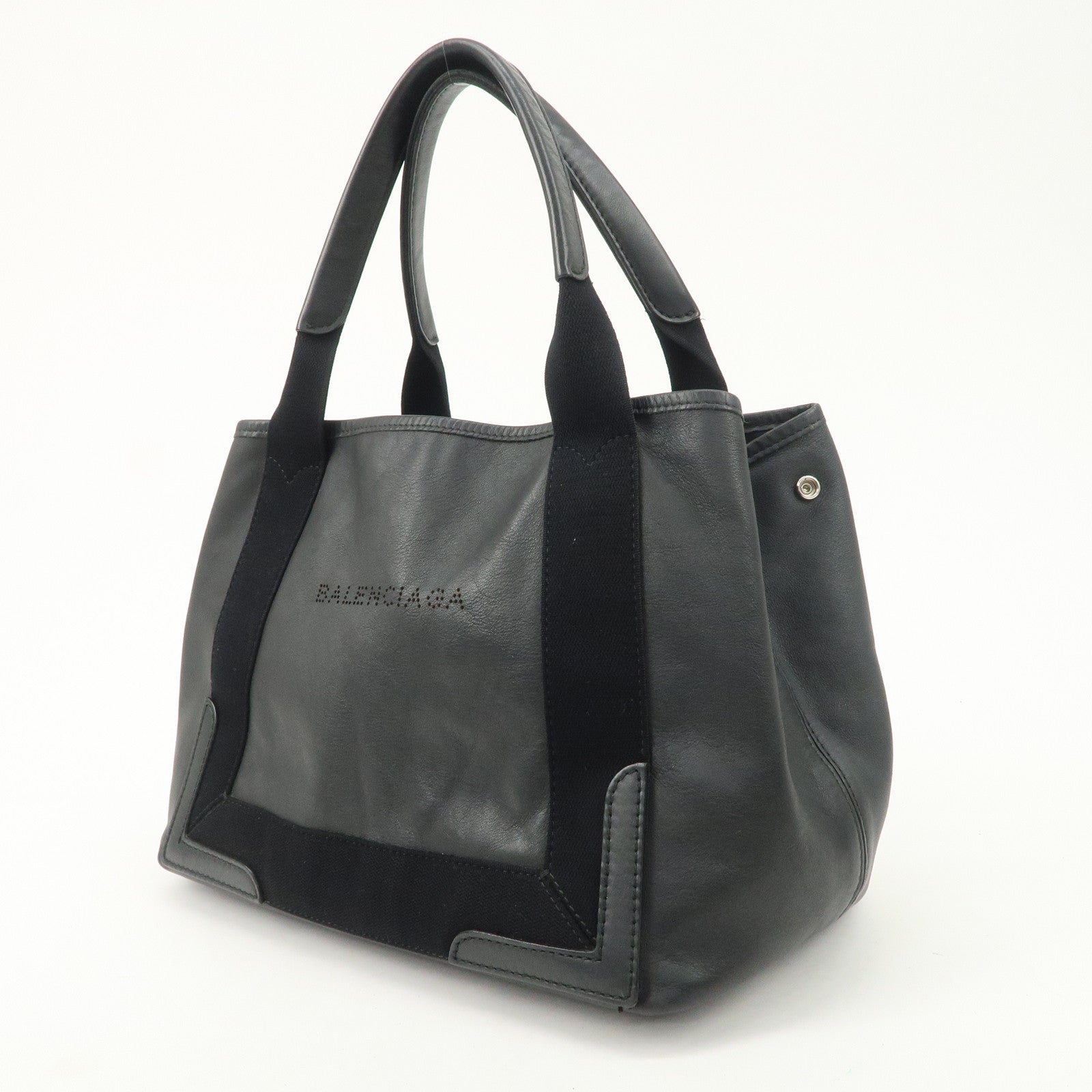 BALENCIAGA Leather Navy Cabas S Tote Bag Hand Bag Black 339933 Used